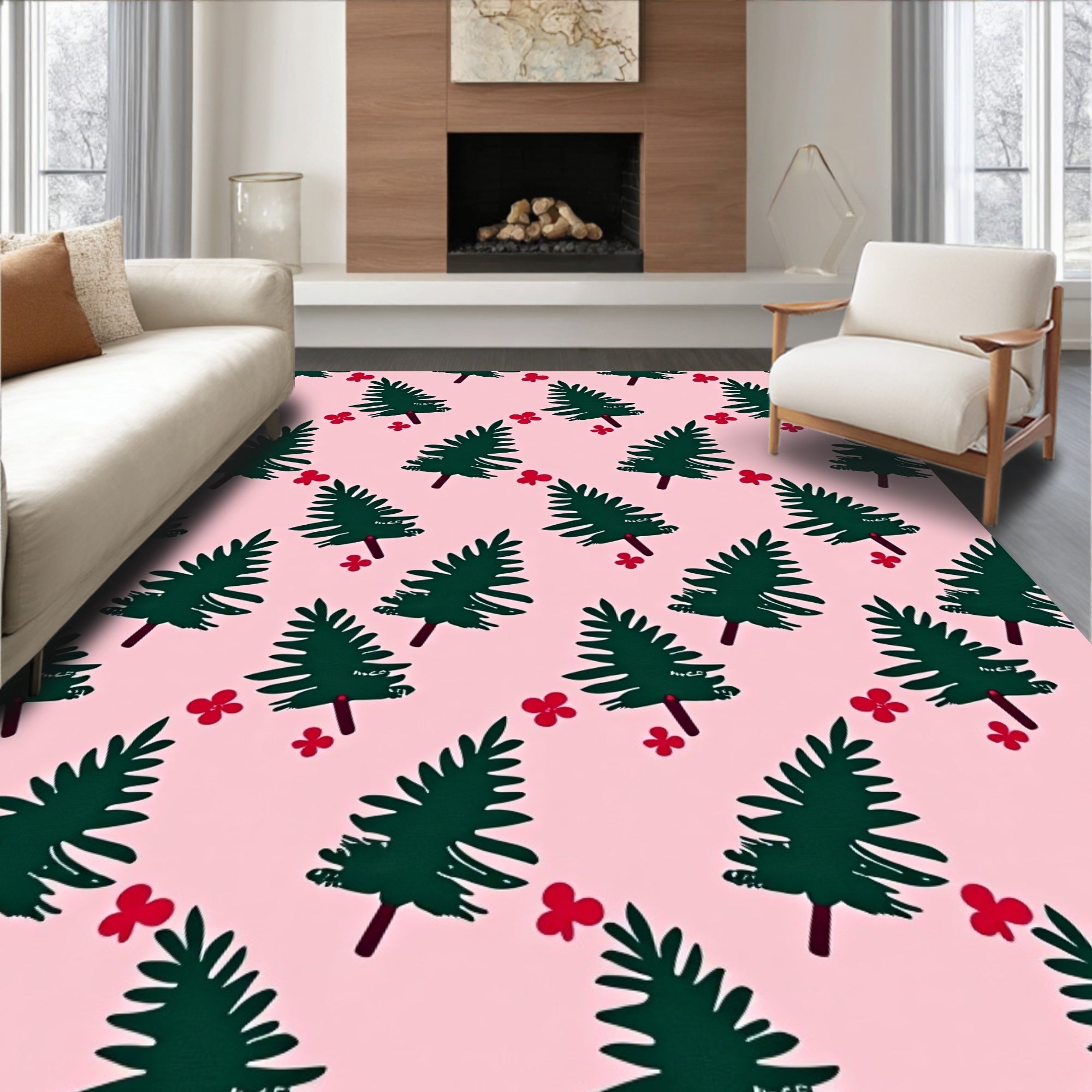 Green Pine Red Flower Repeating Pattern Rug