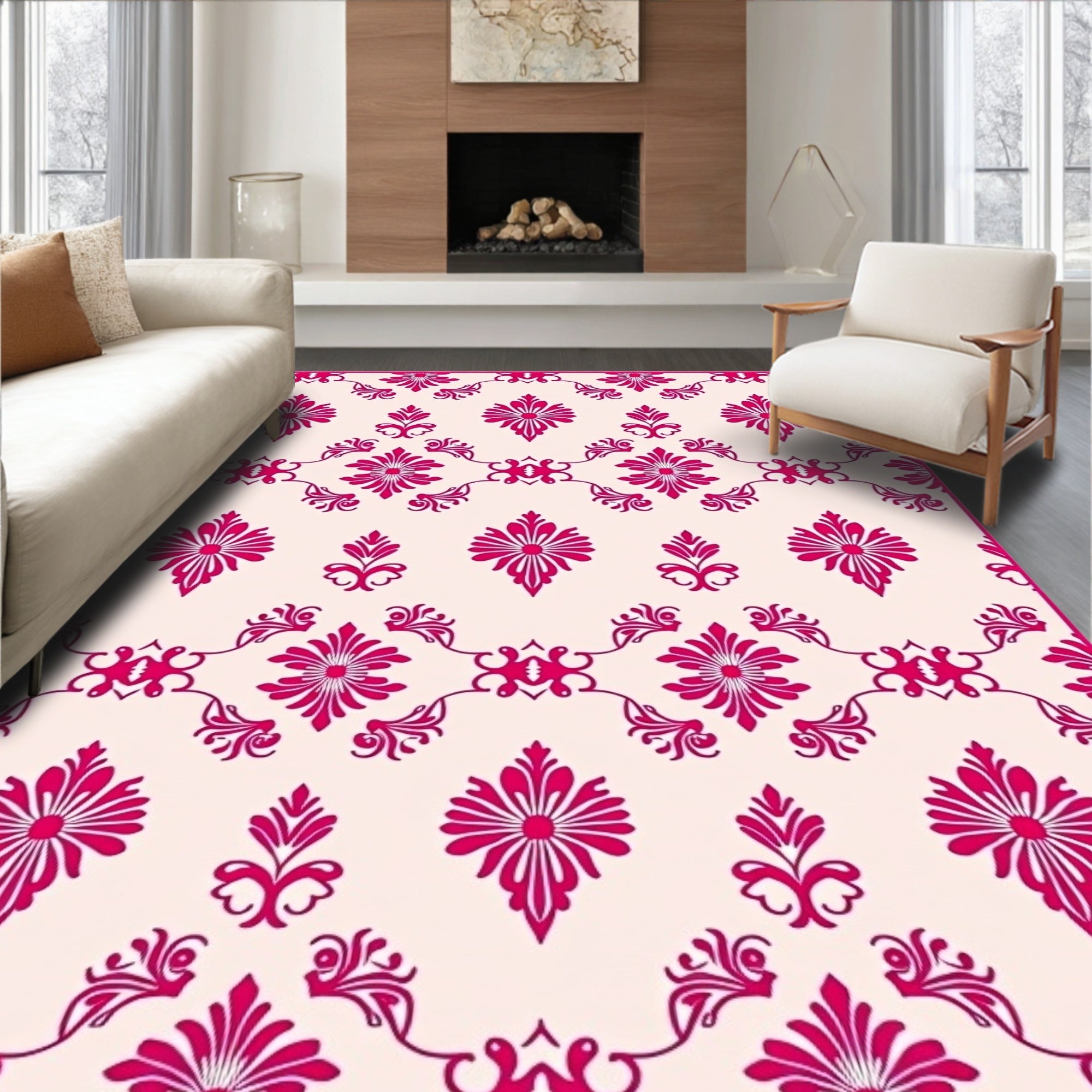 Bold Magenta Floral Scrollwork Rug