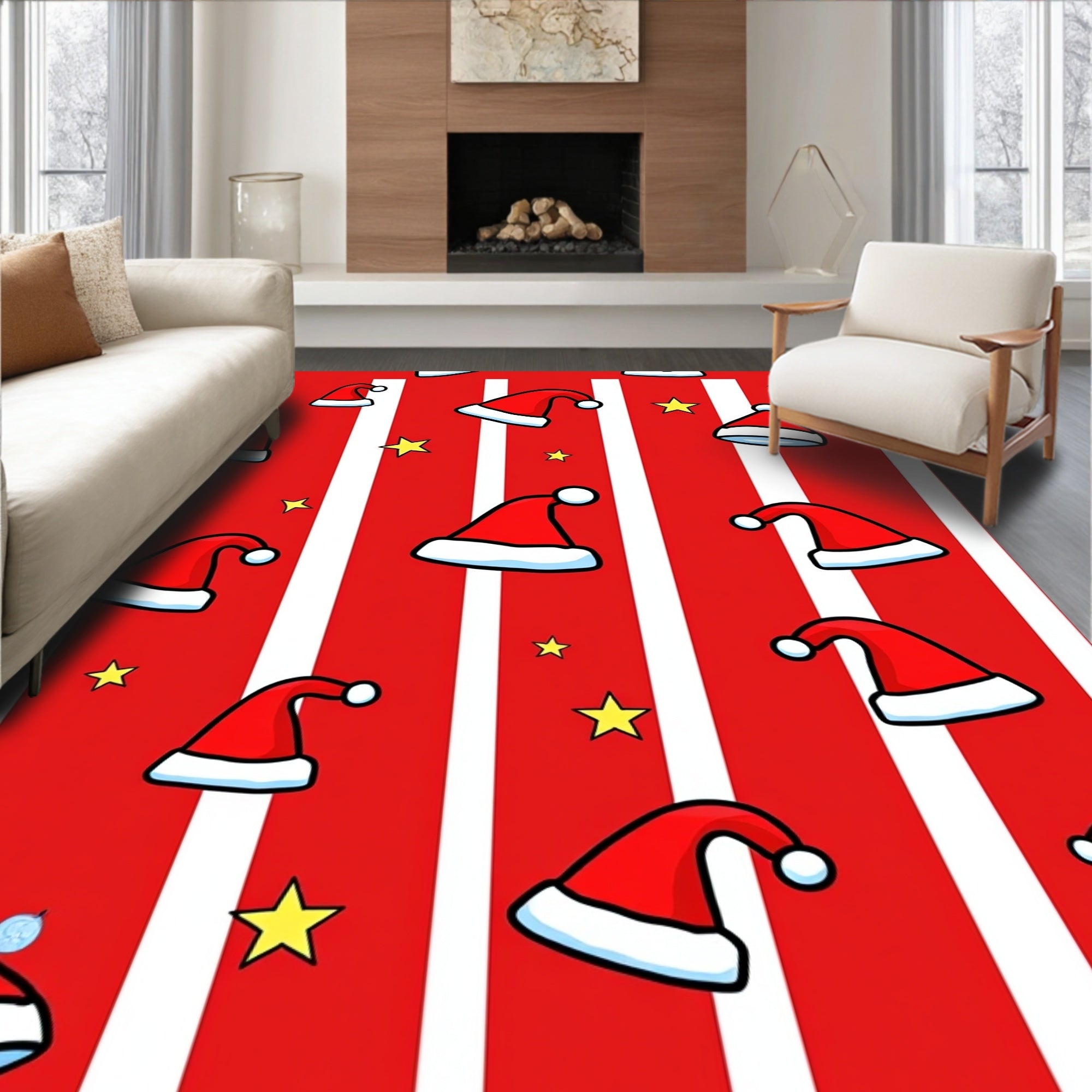 Red White Striped Santa Hat Stars Rug