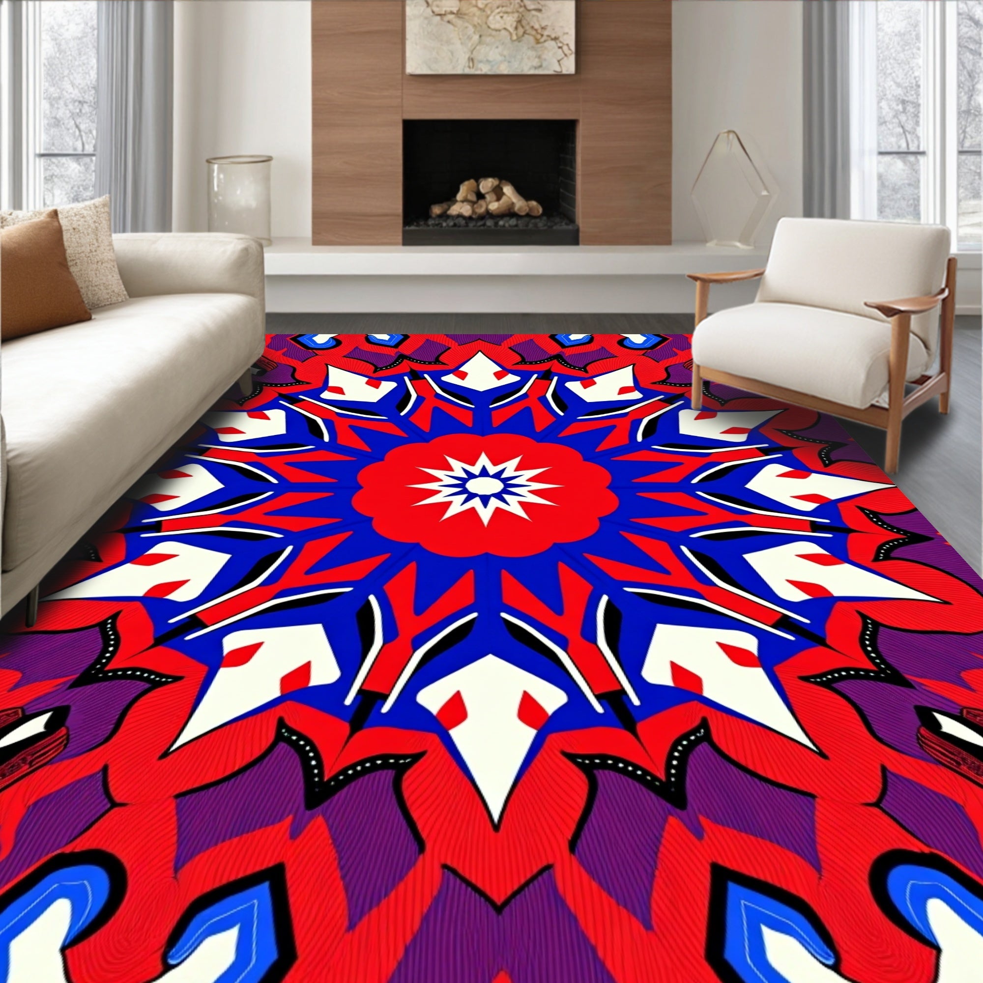 Vibrant Red Blue Starburst Mandala Design Rug