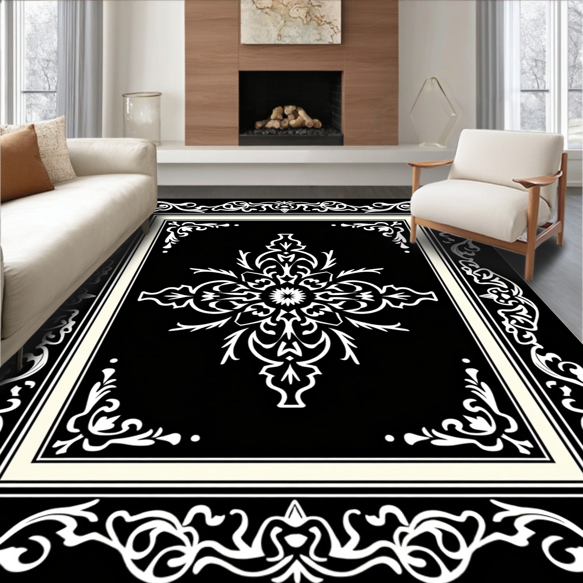 Classic Floral Inlay Black and Ivory Rug