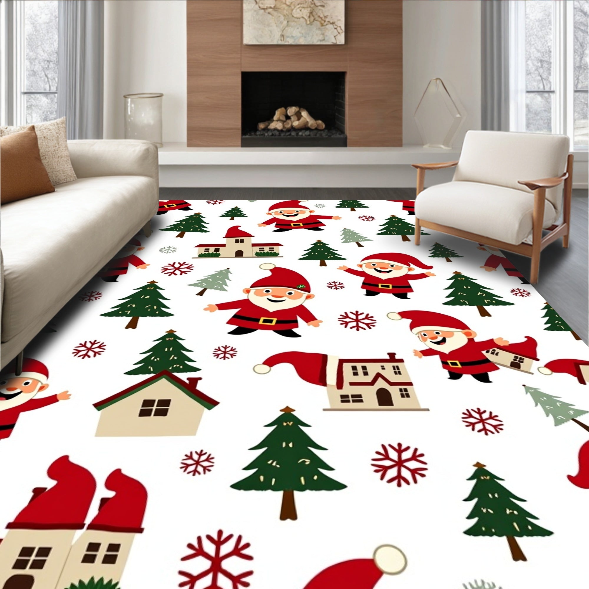 Whimsical Santa Claus Christmas Trees Houses Rug