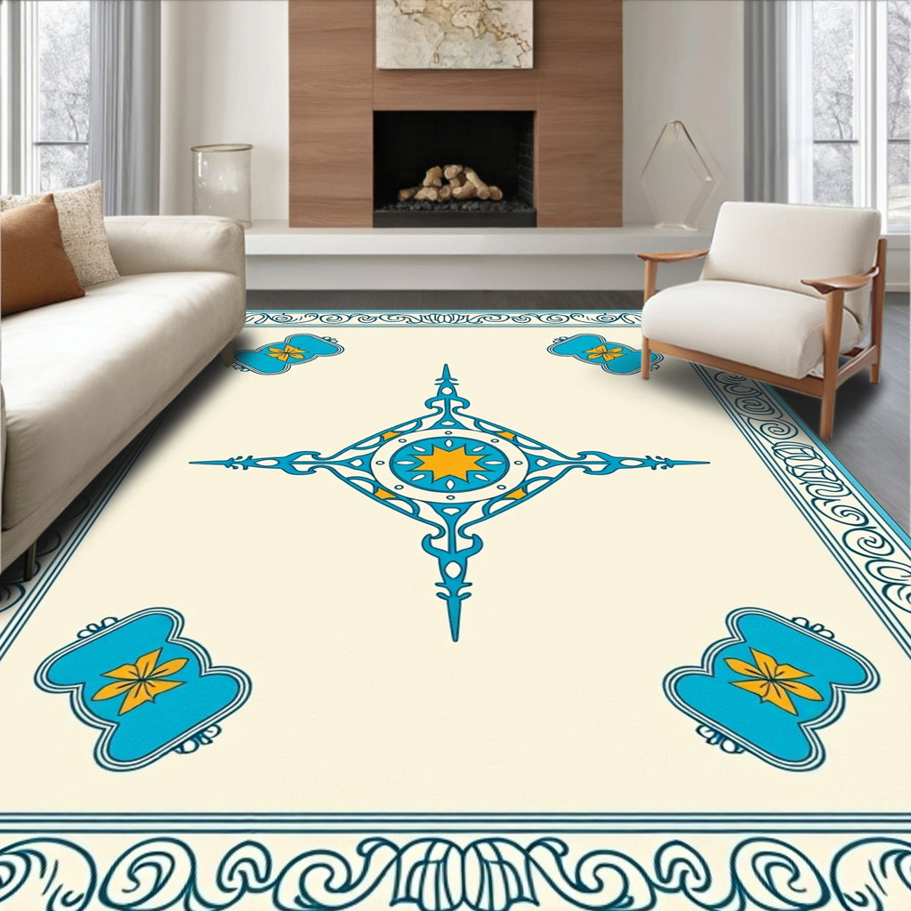 Bright Blue Geometric Floral Medallion Rug