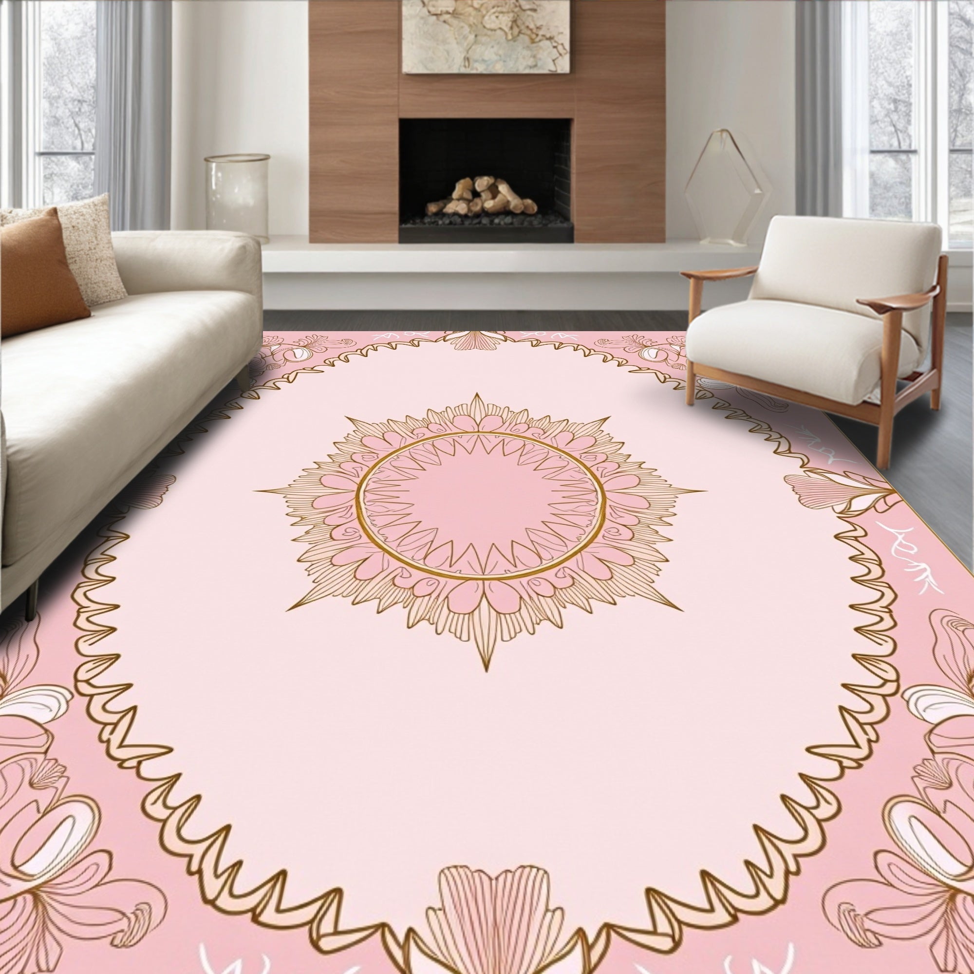 Ornate Floral Mandala Pink Gold Design Rug