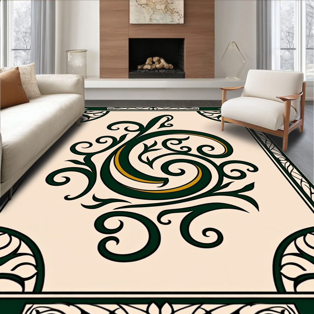 Ornate Green Gold Swirl Design Rug