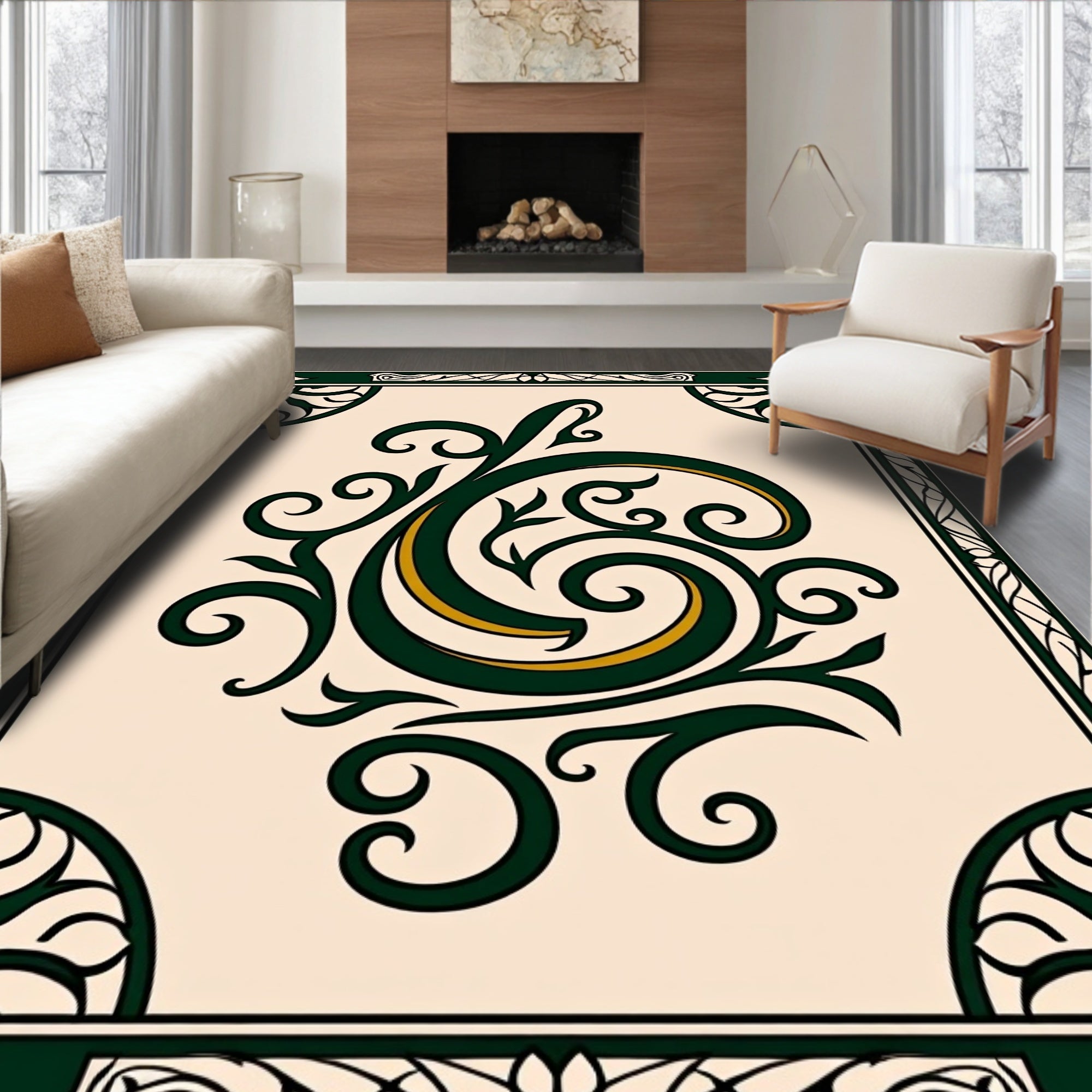 Ornate Green Gold Swirl Design Rug