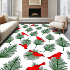 Red Cardinals Evergreen Pine Sprigs Design Rug