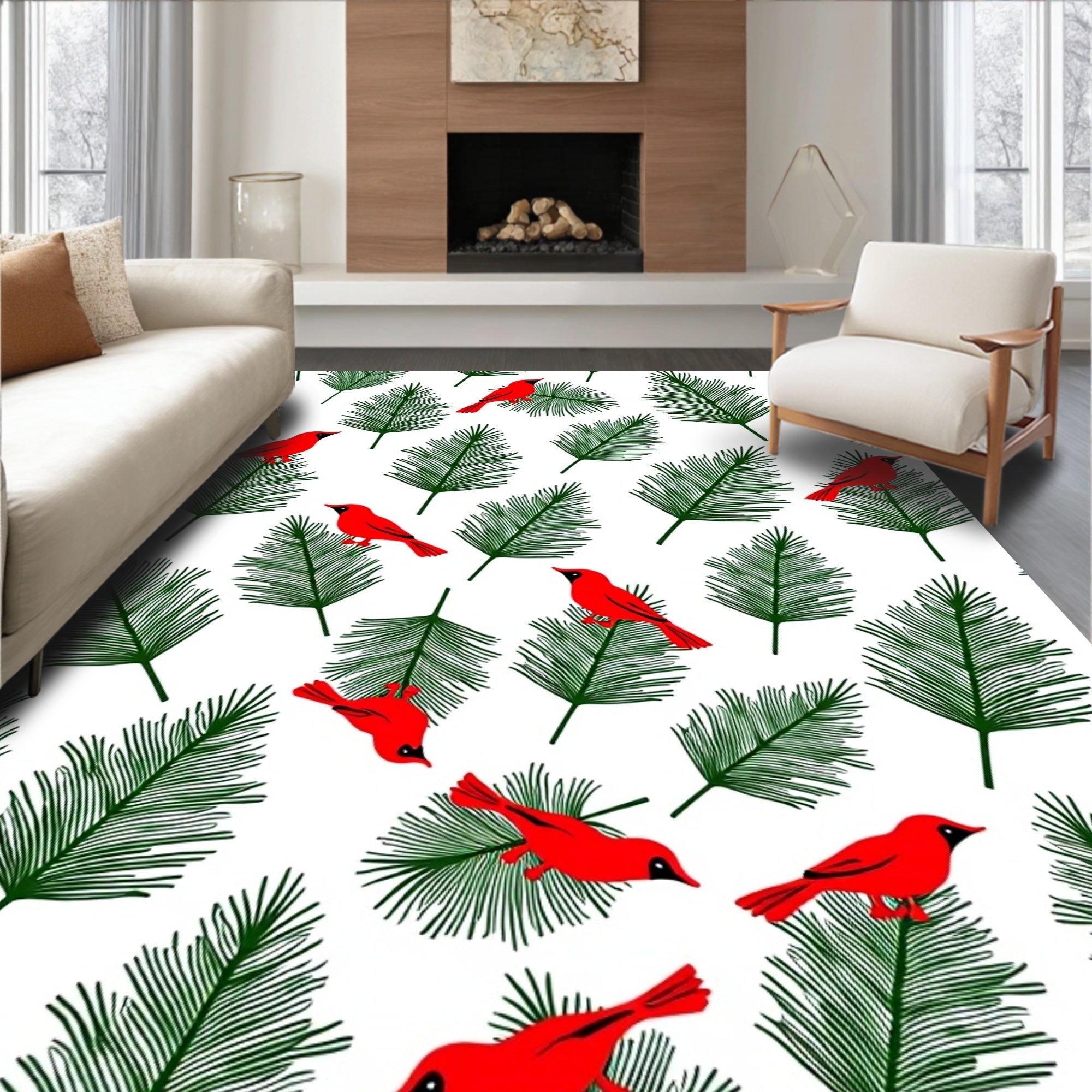Red Cardinals Evergreen Pine Sprigs Design Rug