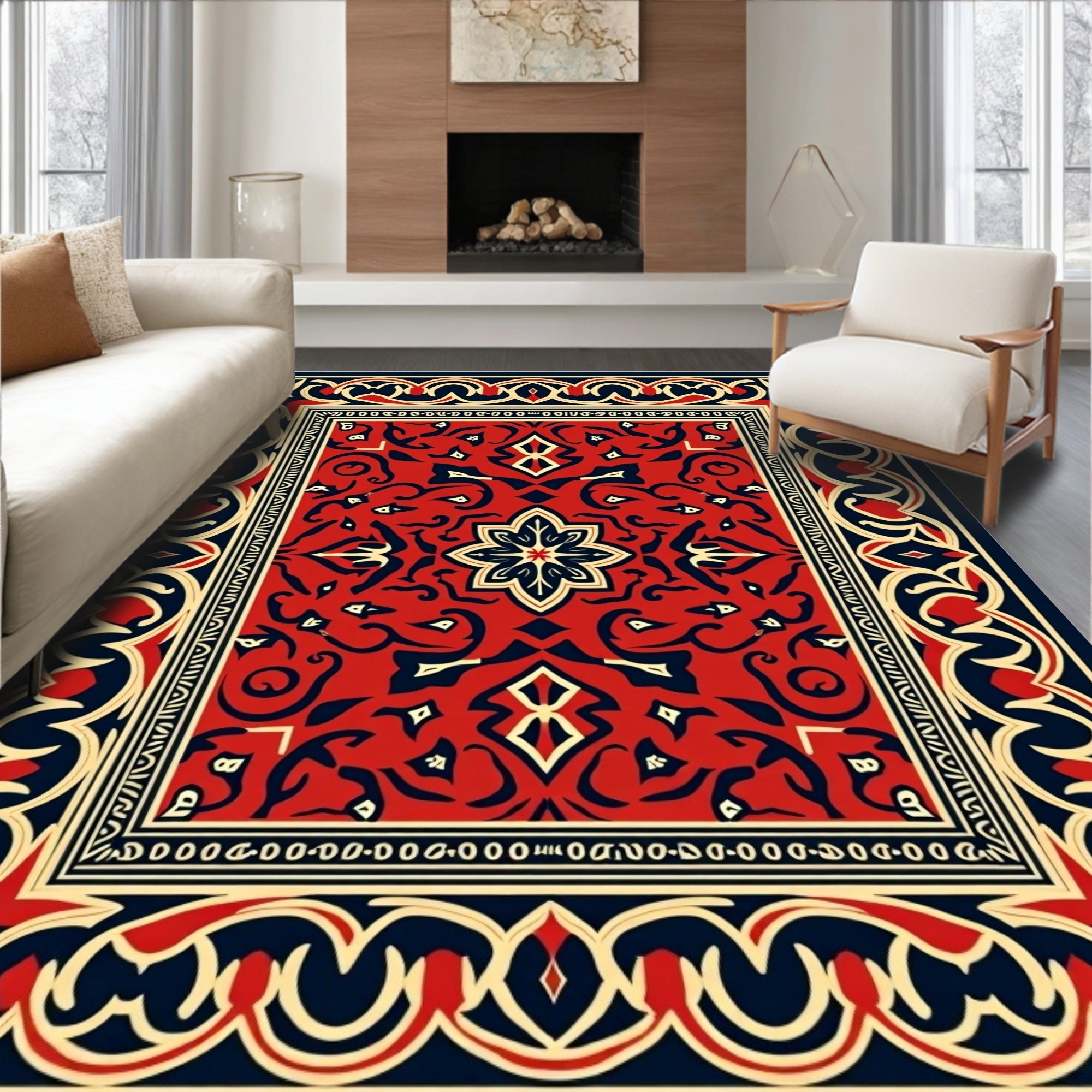 Red Navy Floral Geometric Pattern Rug
