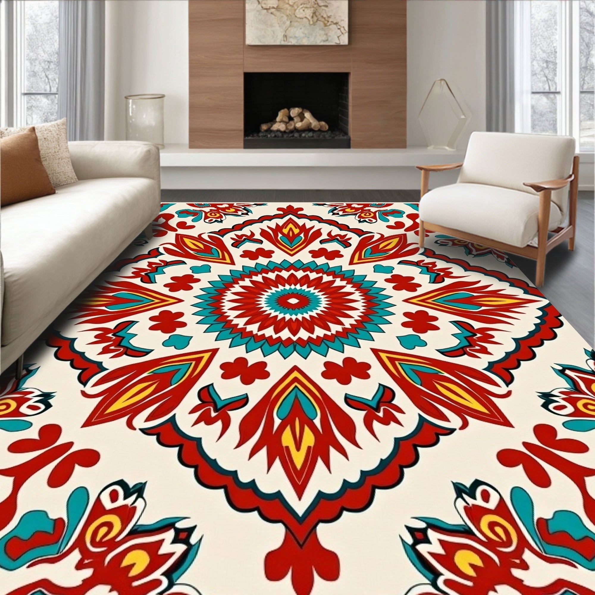 Bold Red Teal Floral Medallion Rug
