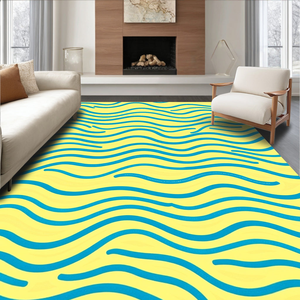 Yellow And Blue Wavy Lines Design Rug