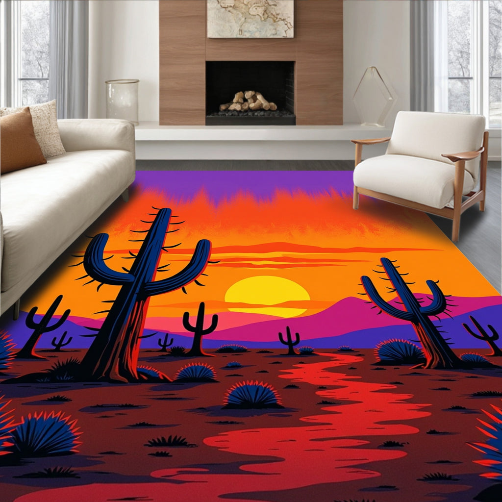 Vibrant Desert Sunset Cactus Scene Rug