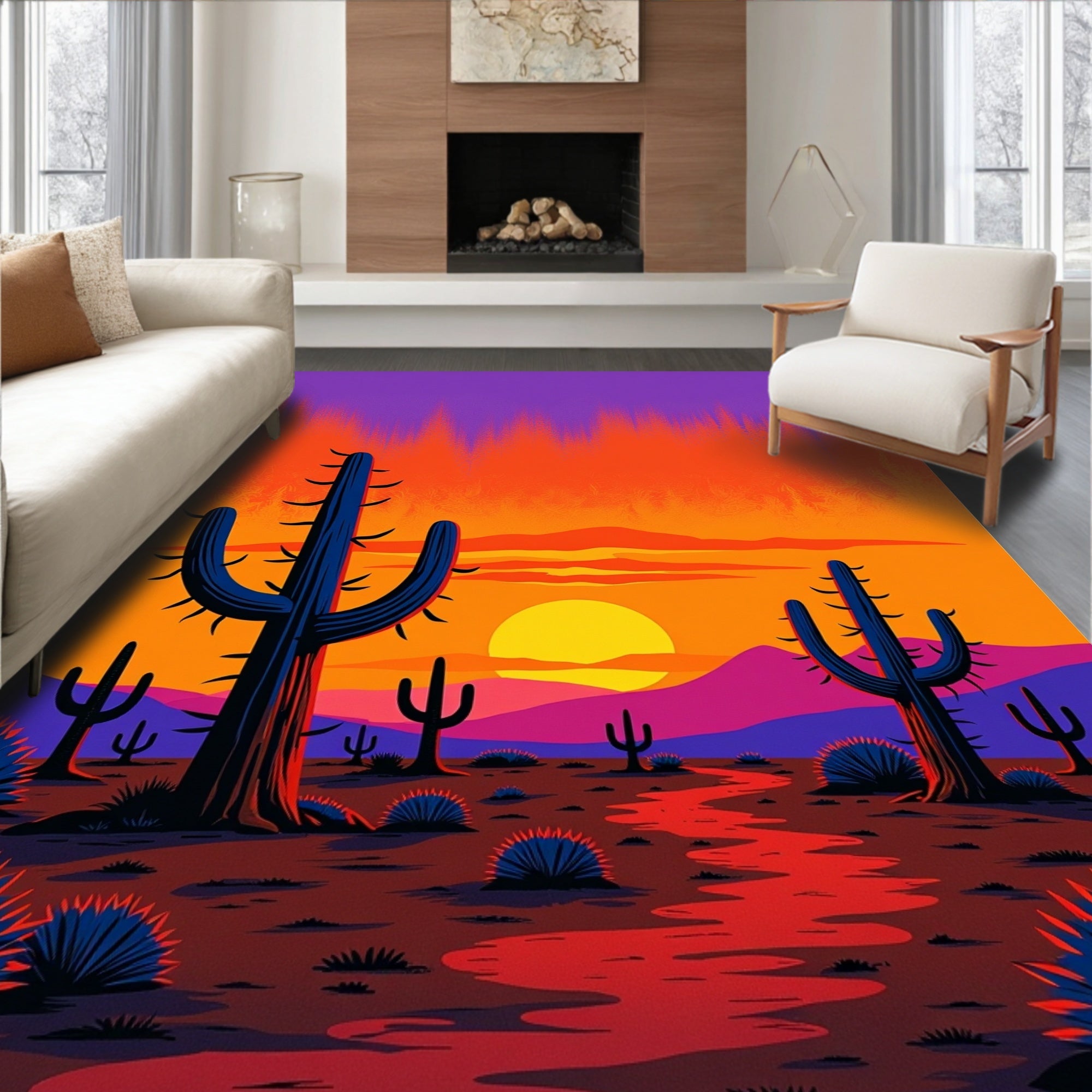 Vibrant Desert Sunset Cactus Scene Rug