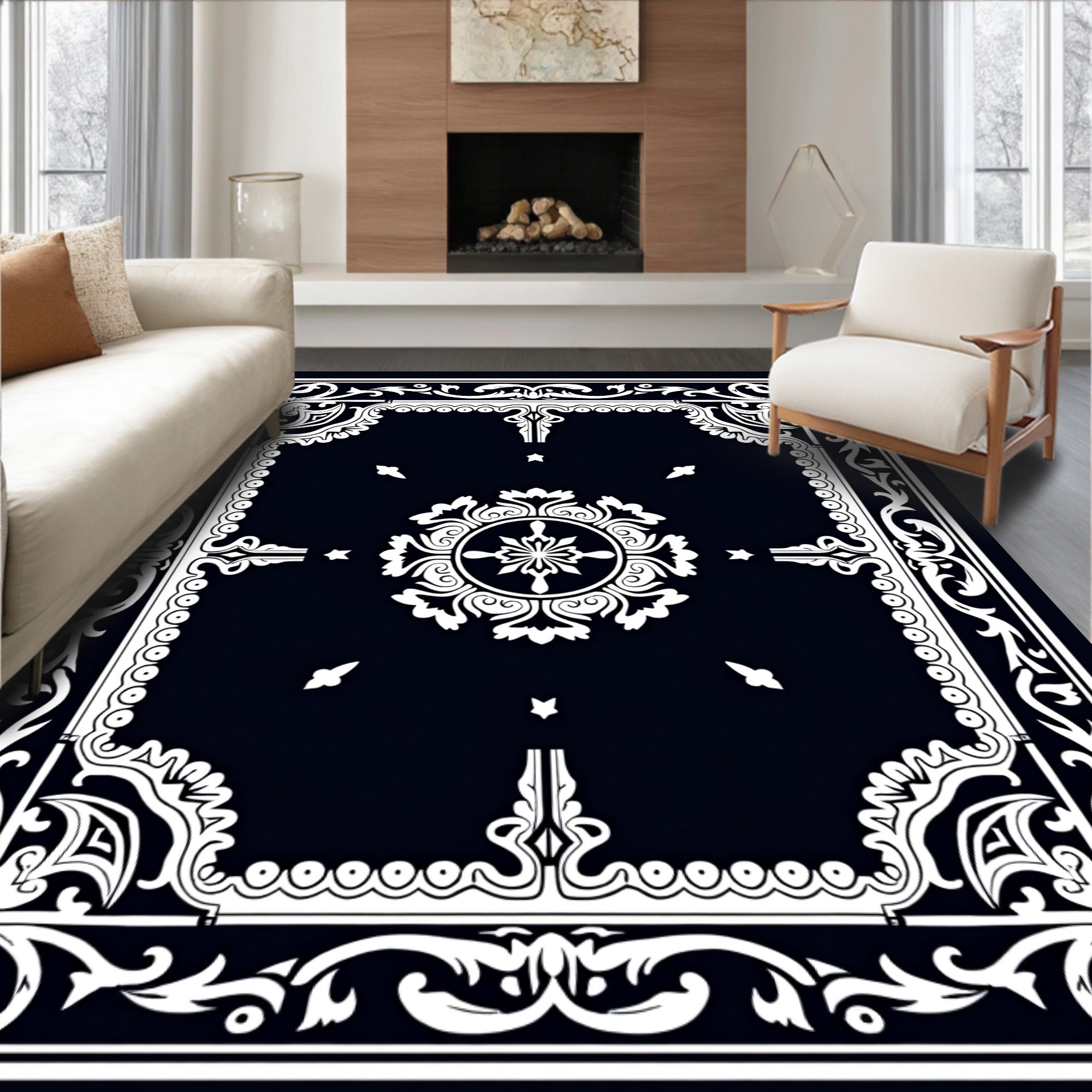 Elegant Floral Emblem Black White Rug
