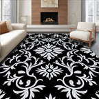 Black White Floral Scroll Pattern Rug