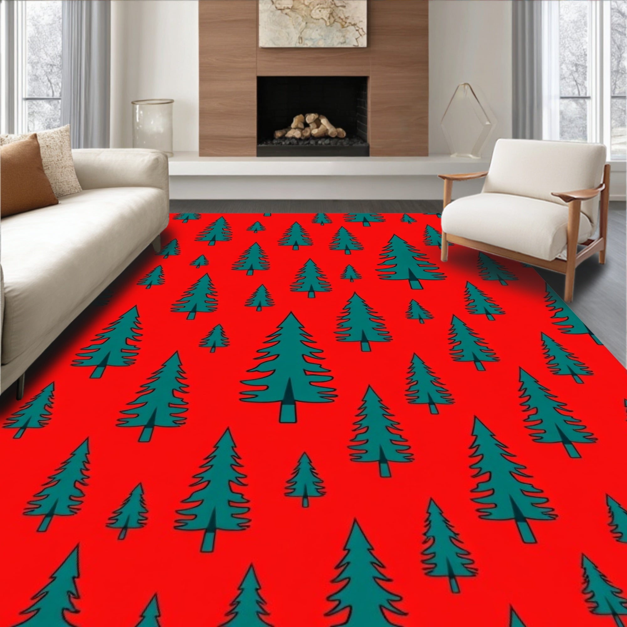 Teal Evergreen Trees Pattern Rug