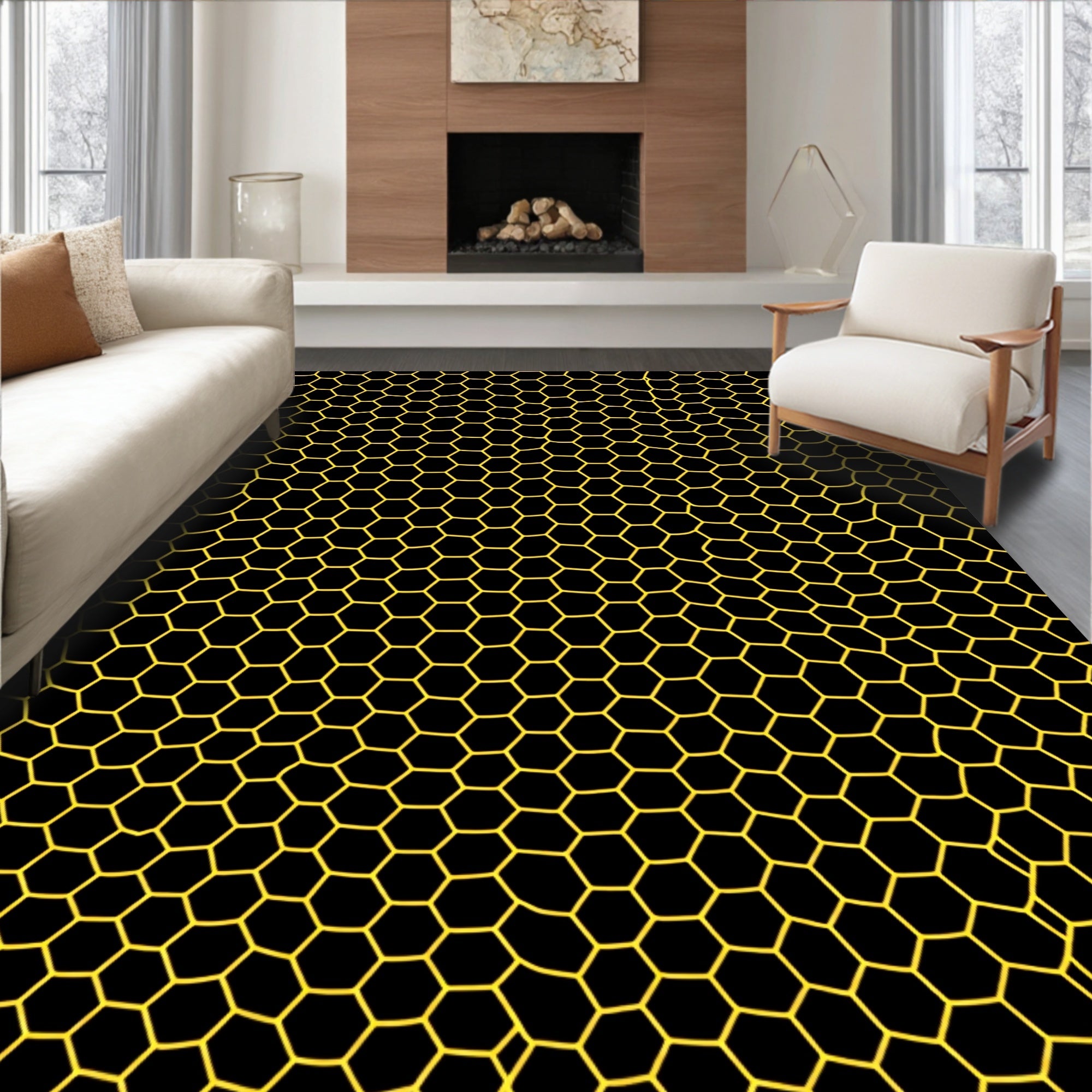 Chic Black Hexagonal Pattern Rug
