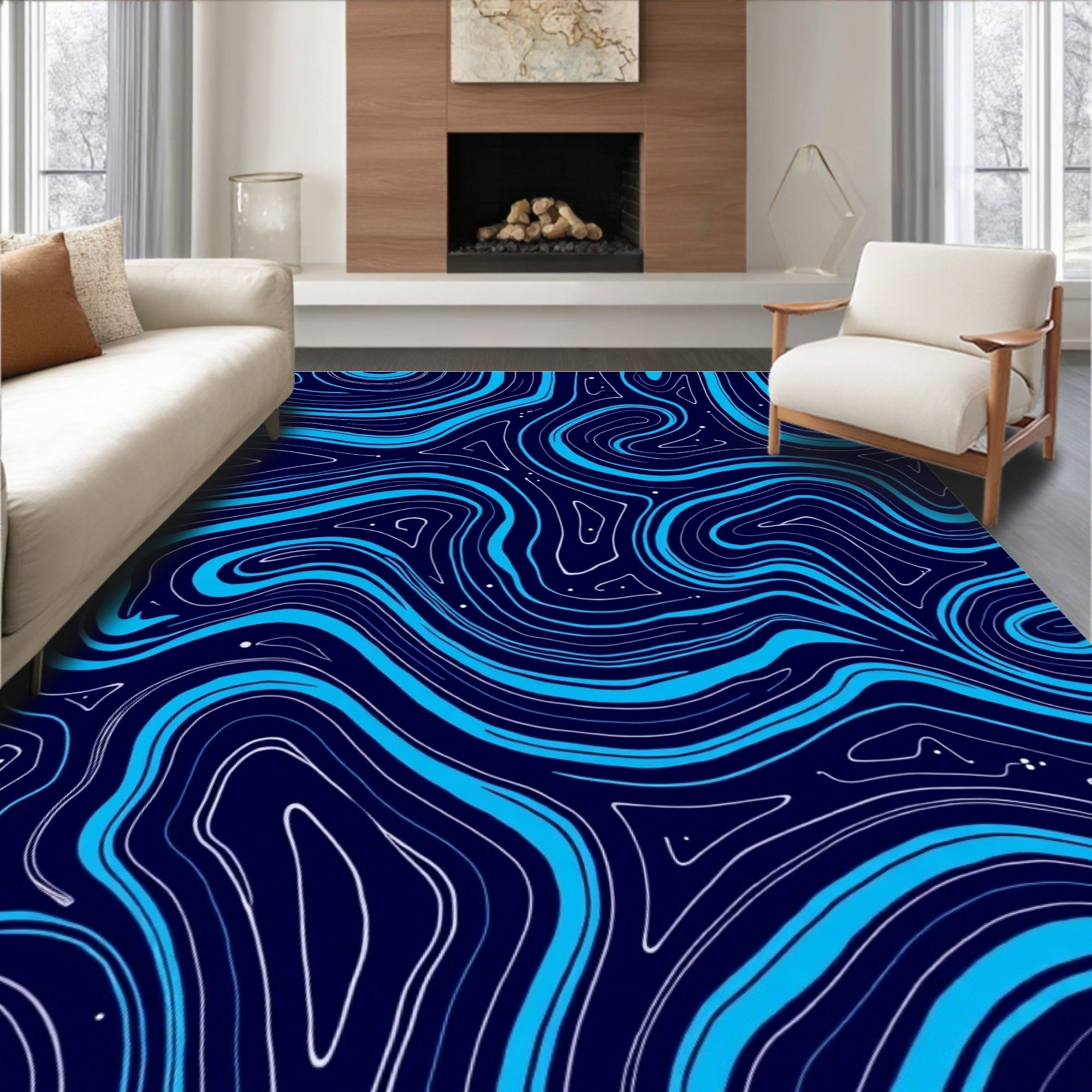 Abstract Blue Swirls Topographic Pattern Rug