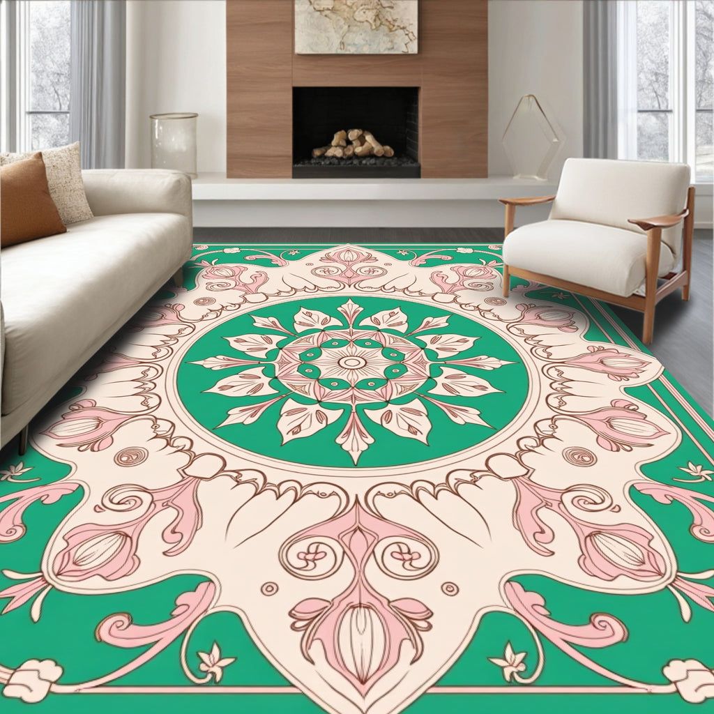 Elegant Green Floral Medallion Design Rug