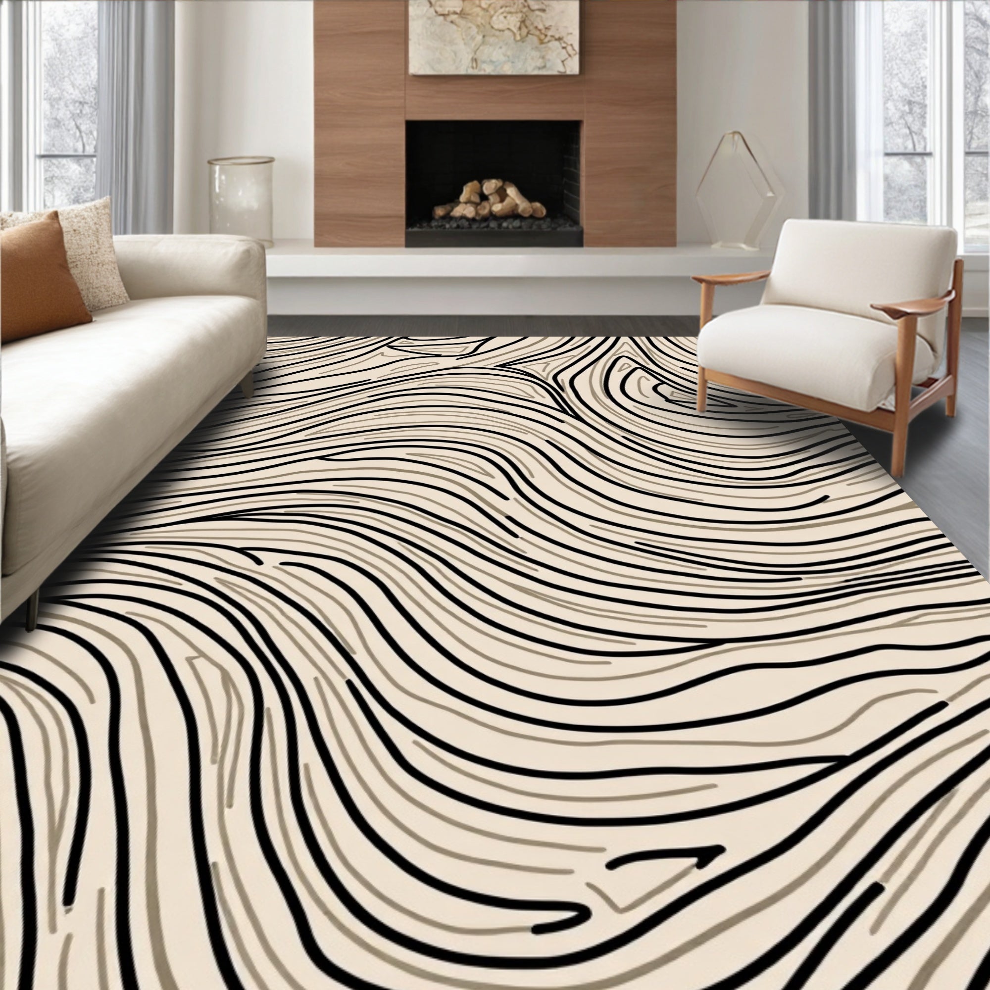 Beige and Black Swirl Wood Grain Rug