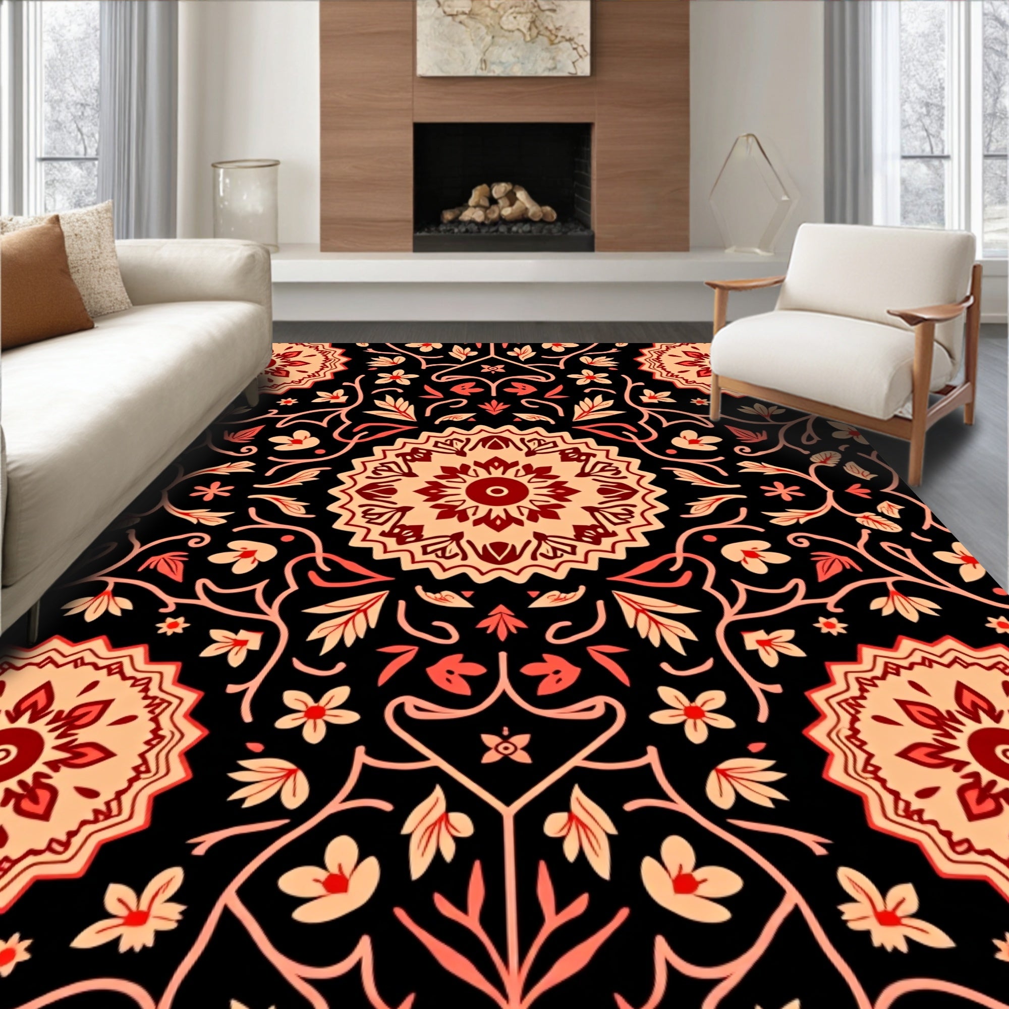Crimson Abstract Floral Medallion Rug