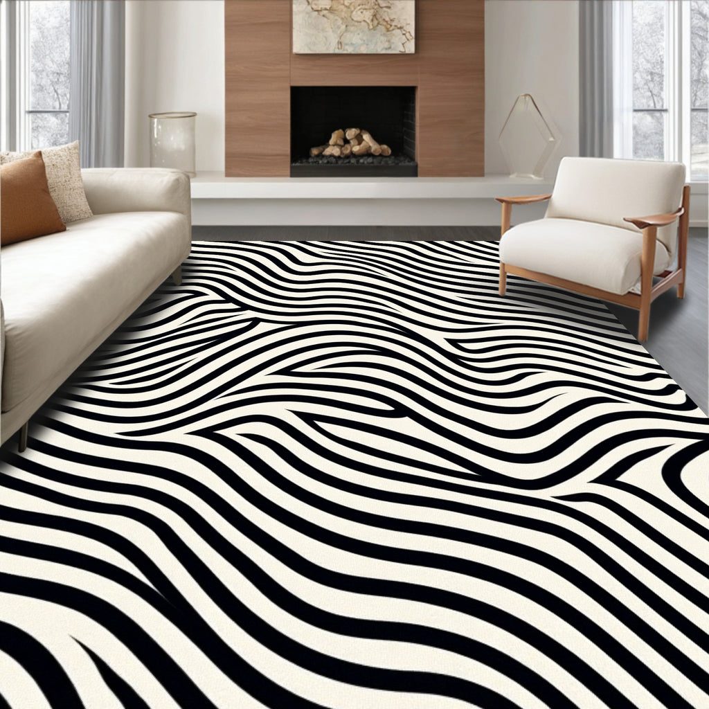 Black White Dynamic Wavy Pattern Rug