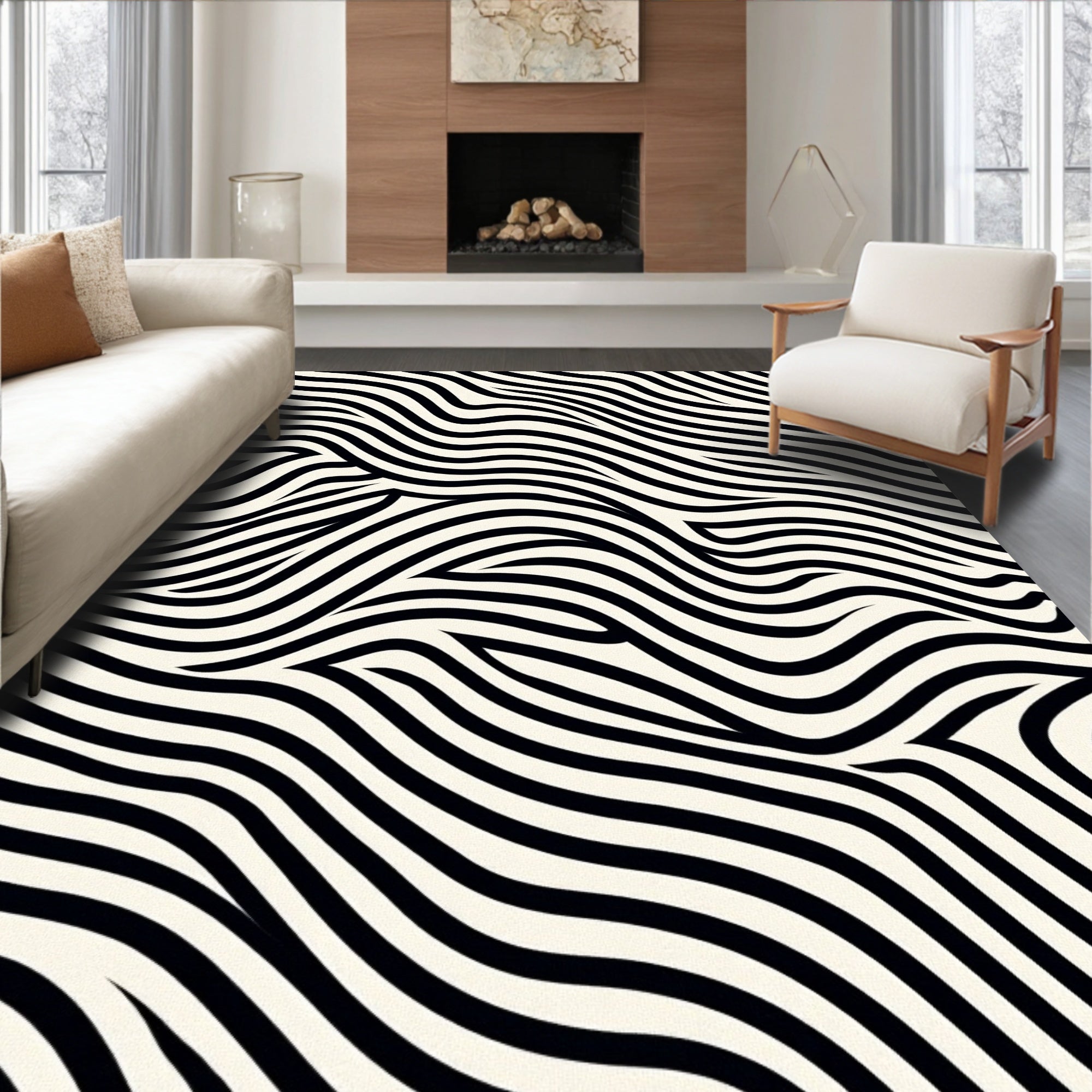 Black White Dynamic Wavy Pattern Rug