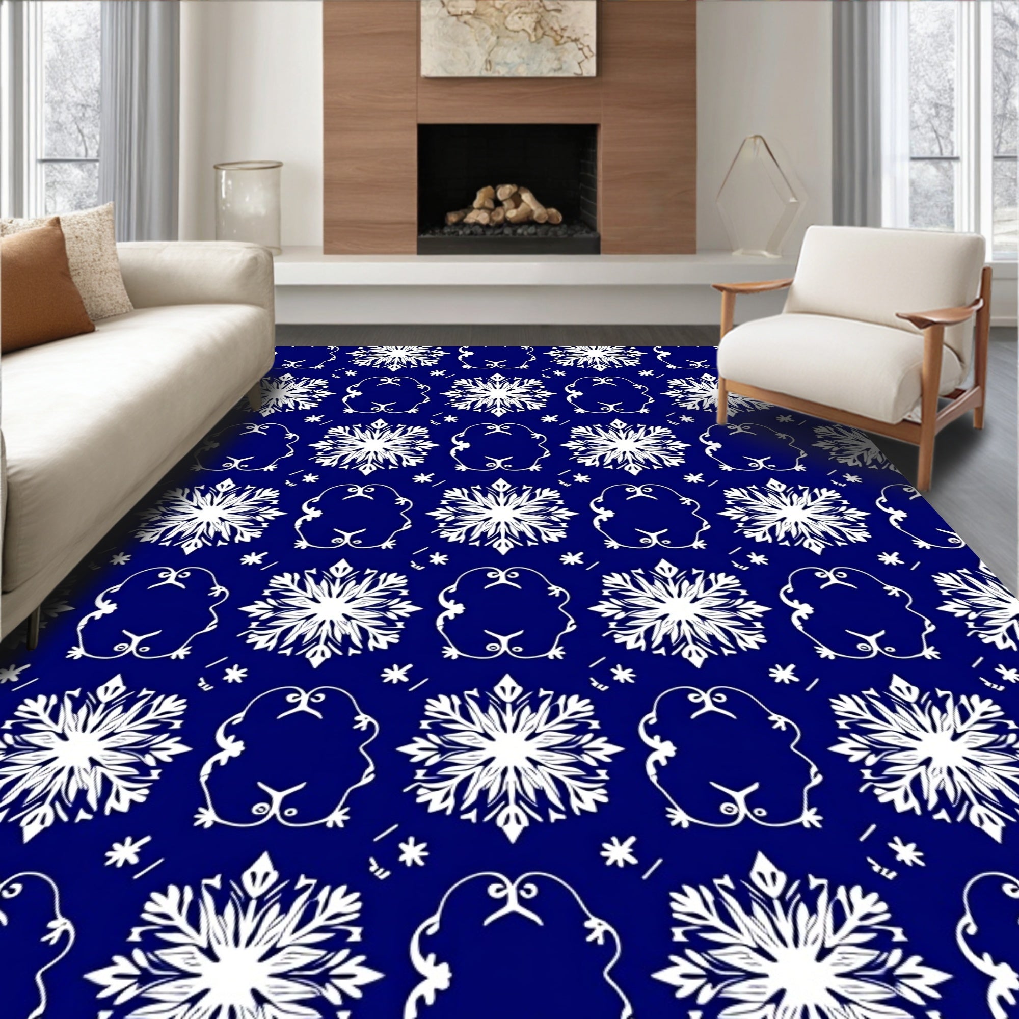 Deep Blue White Snowflake Medallion Harmony Rug