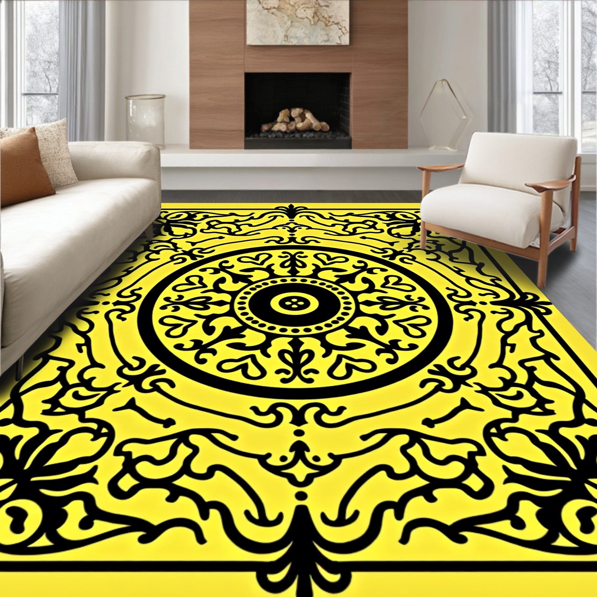 Intricate Yellow Black Floral Design Rug