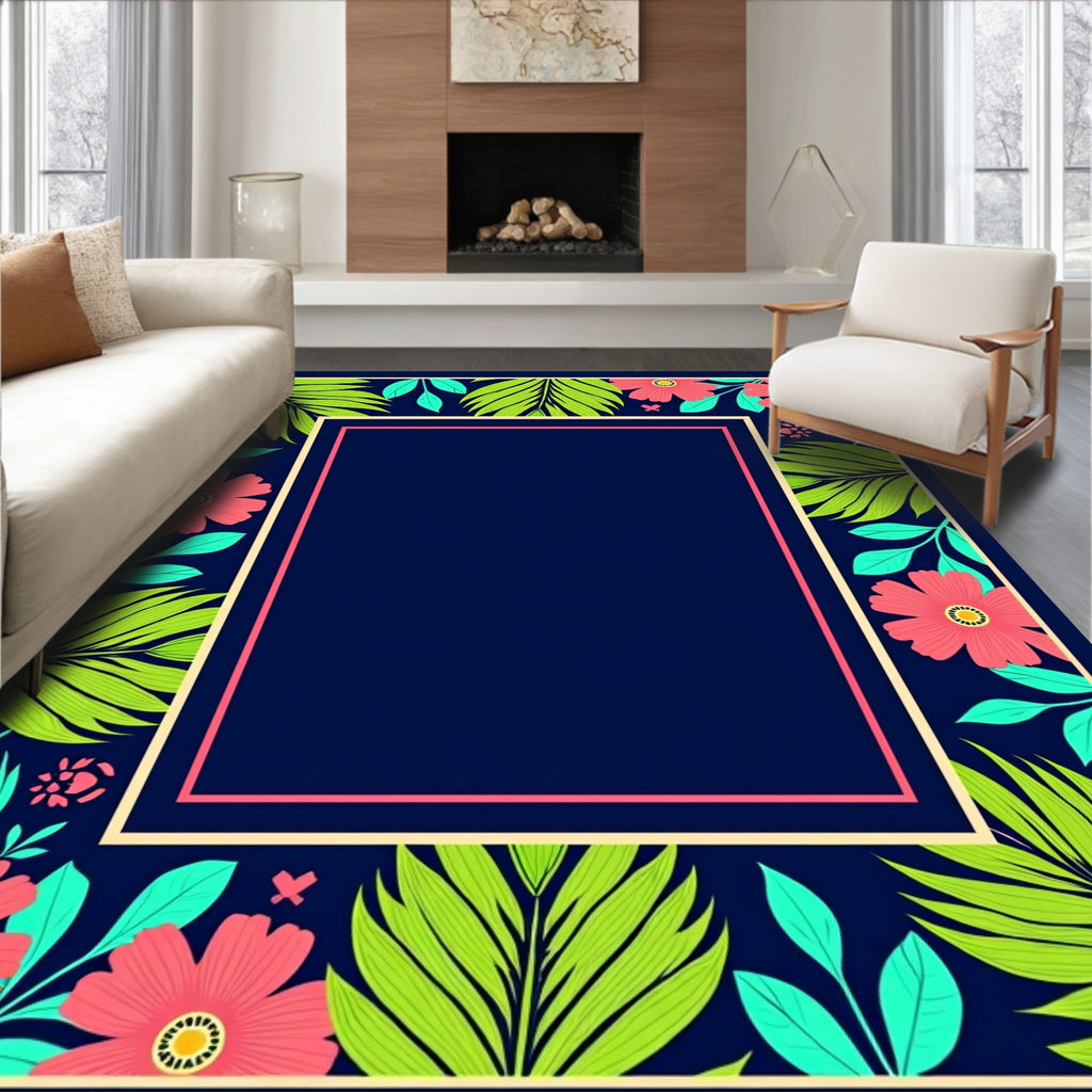Tropical Floral Patterned Border Rug