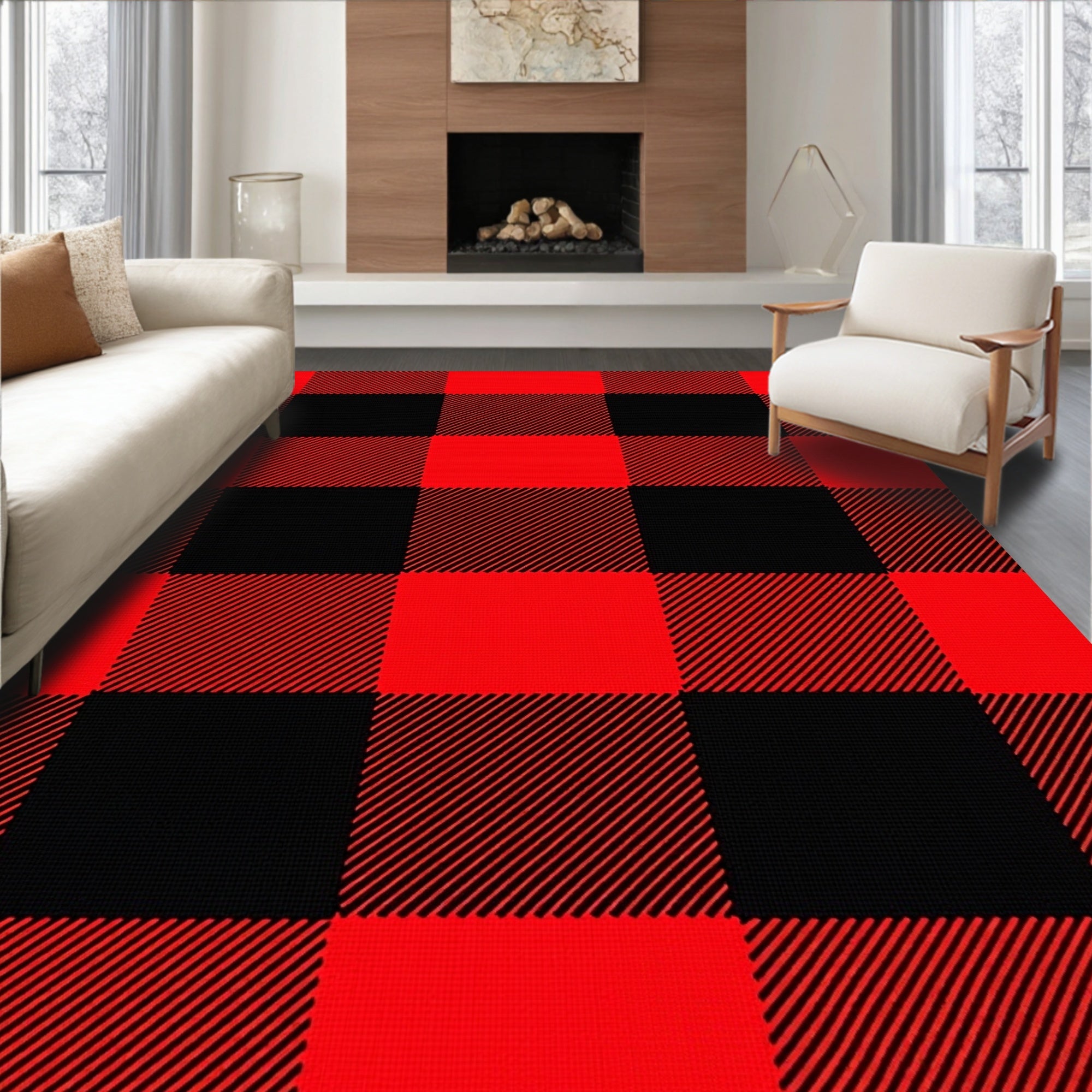 Red Black Buffalo Check Pattern Rug