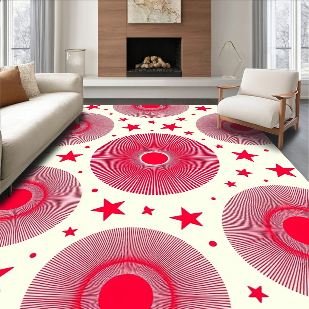 Red Sunburst Star Pattern Design Rug