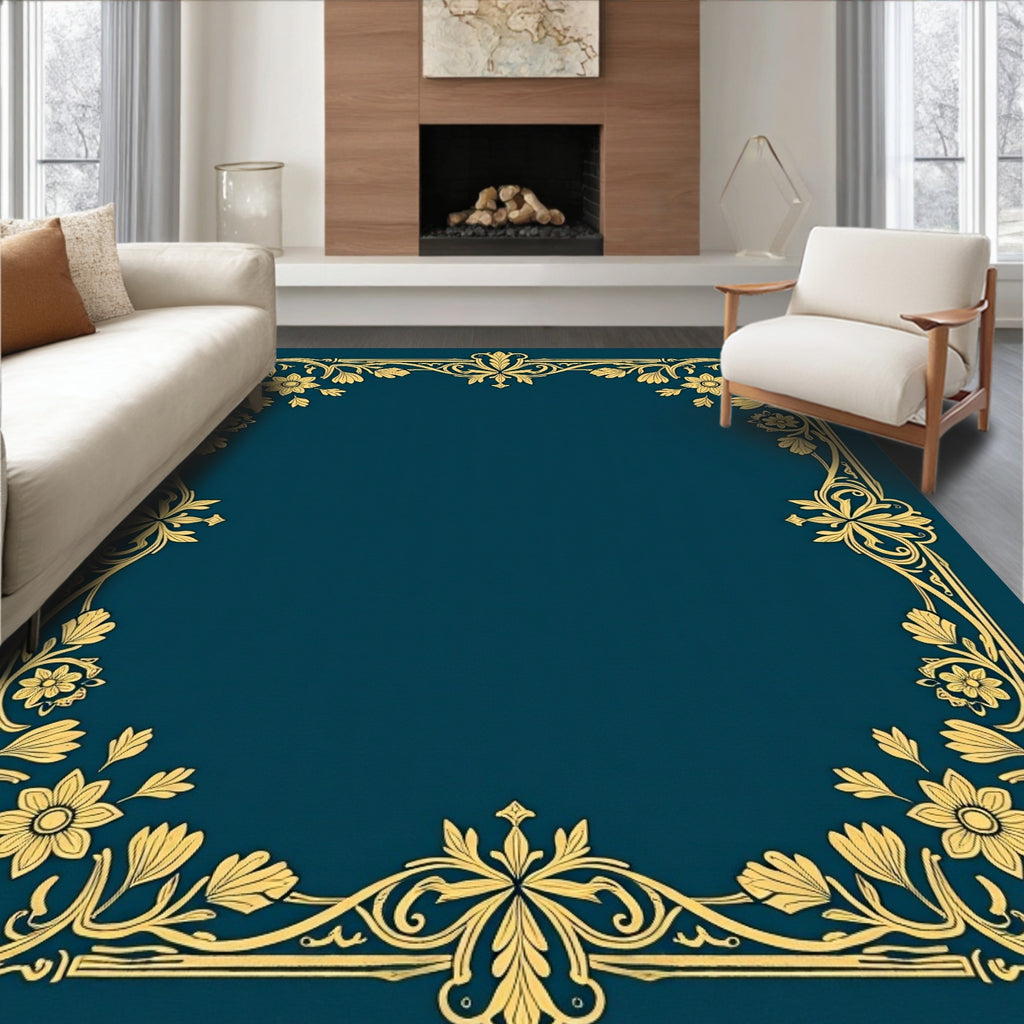 Gold Floral Ornament Design Border Rug