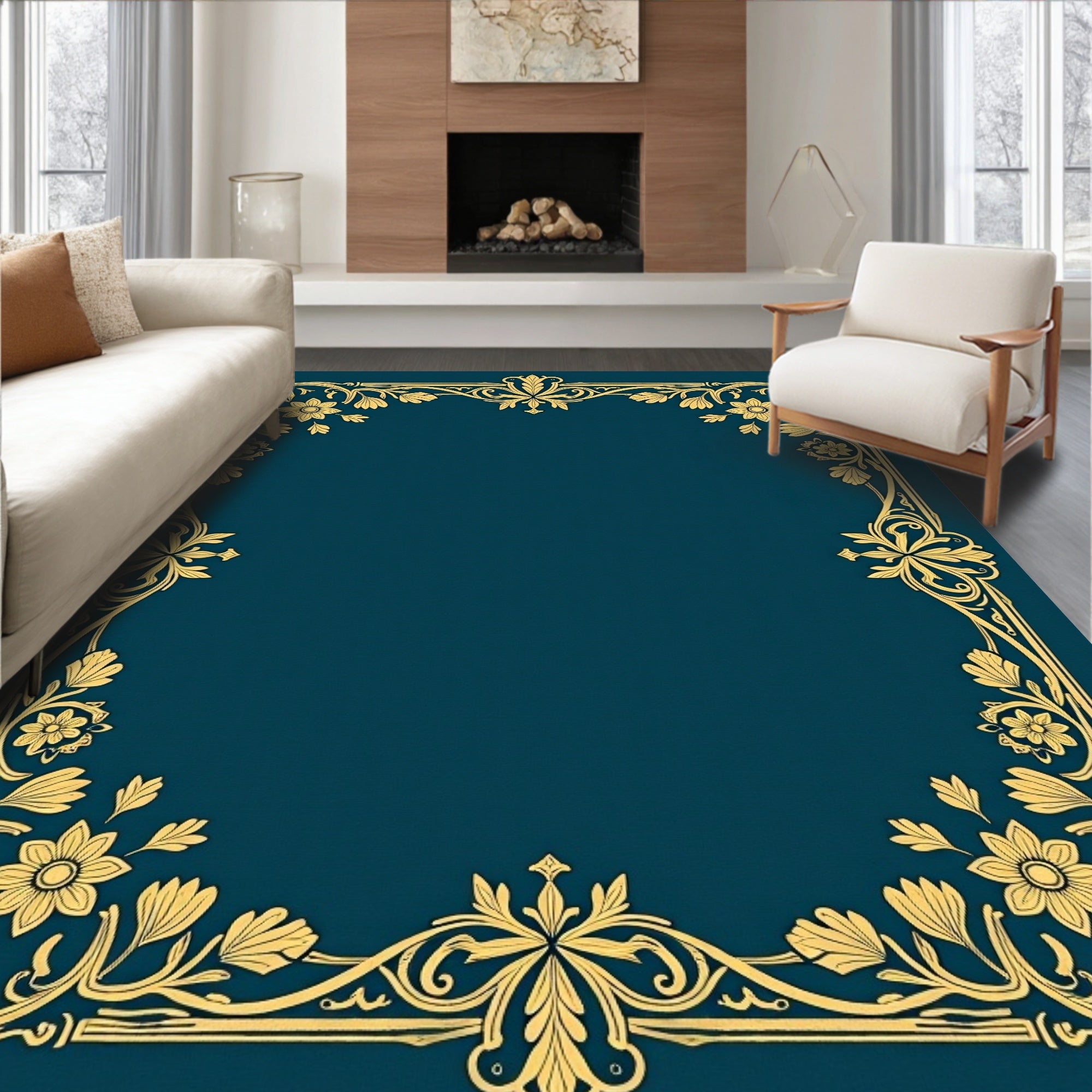 Gold Floral Ornament Design Border Rug