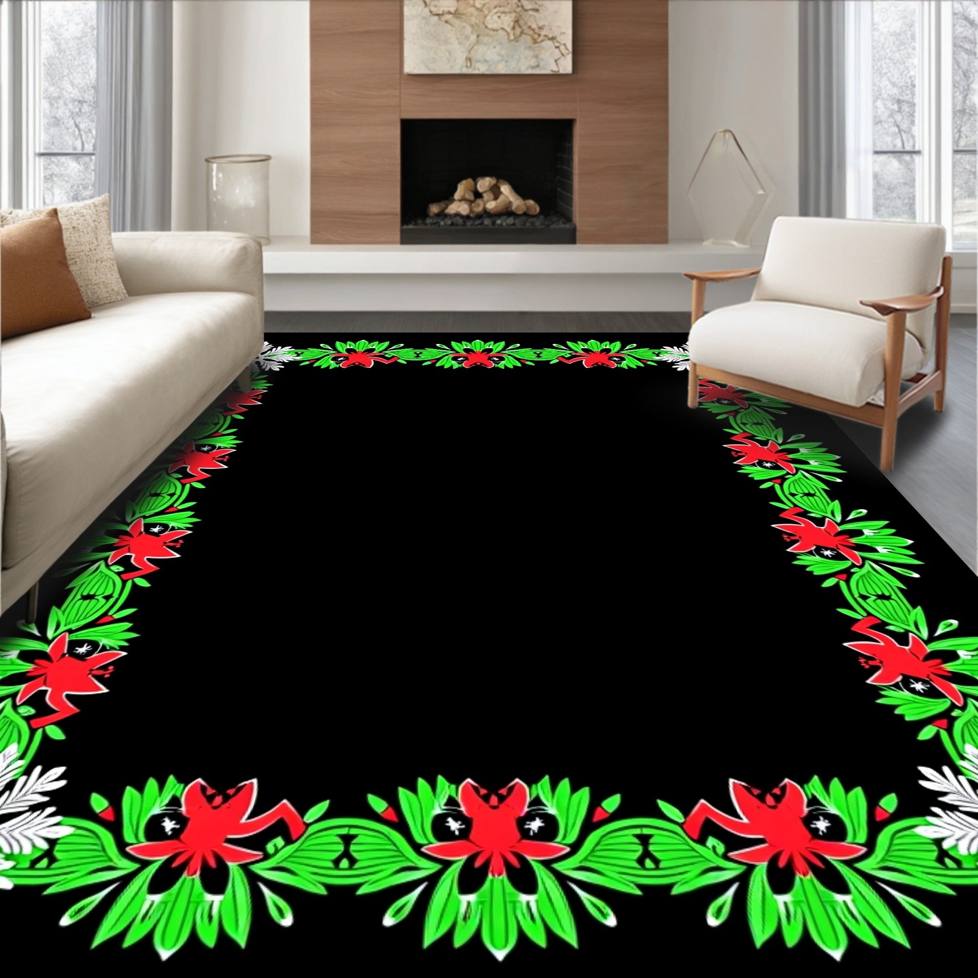 Crimson Red Green Floral Snowflake Border Rug