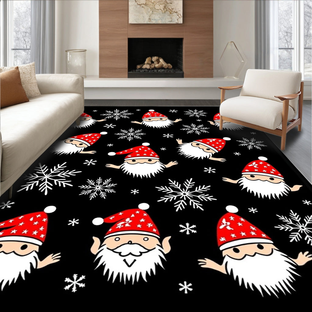 Festive Santa Snowflakes Black Background Rug