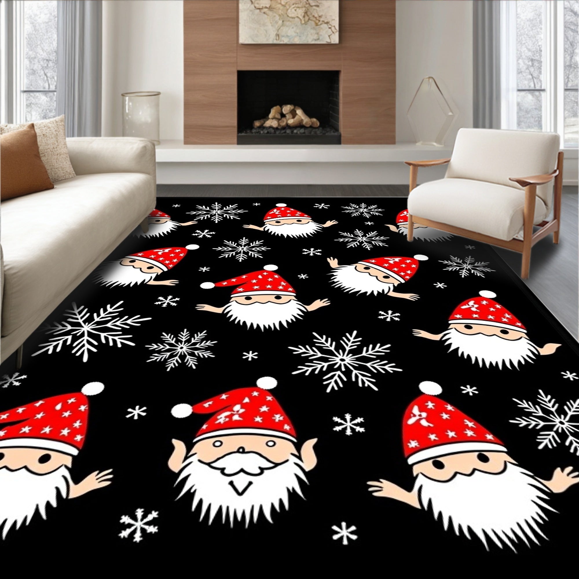 Festive Santa Snowflakes Black Background Rug