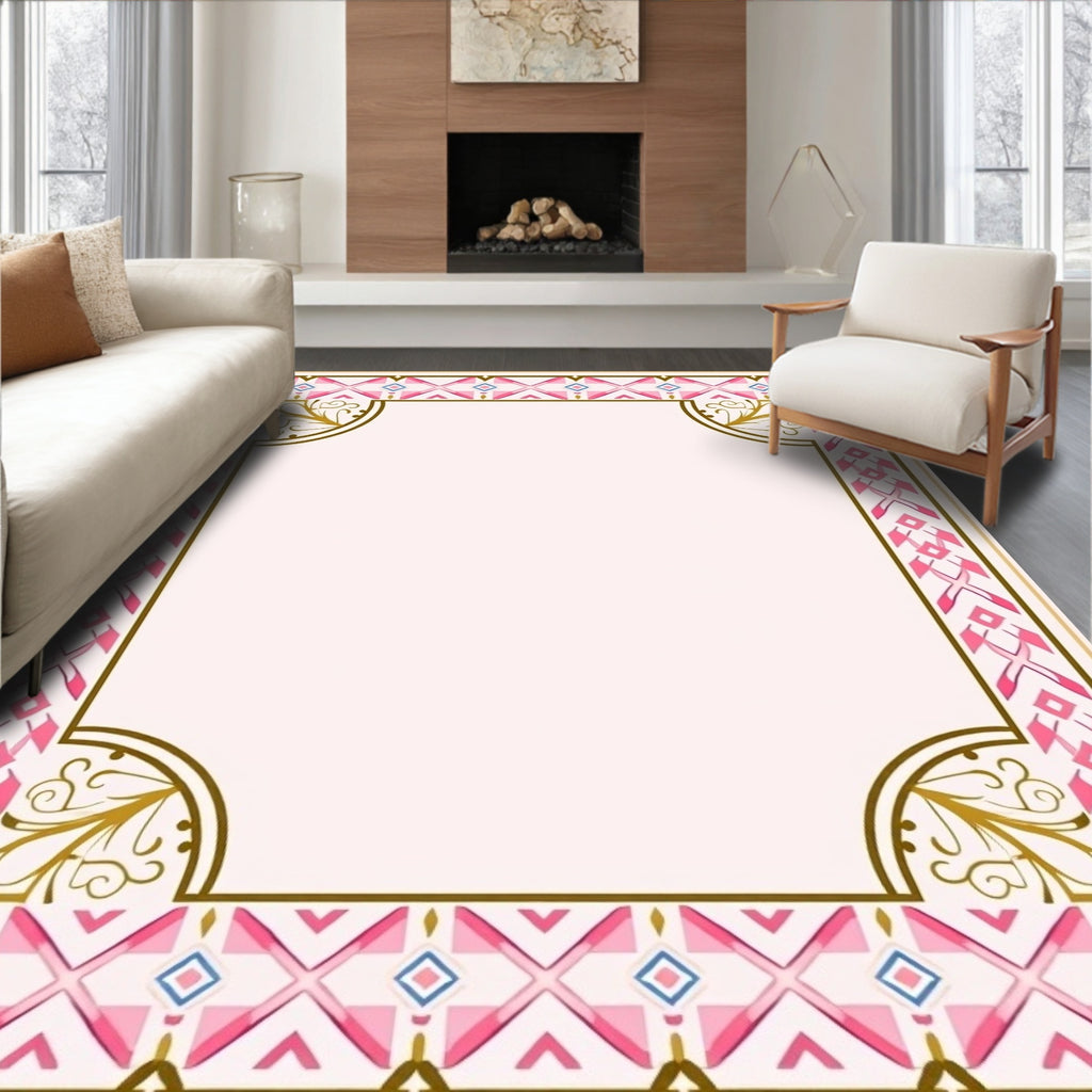 Pink Geometric Border With Gold Accents Rug