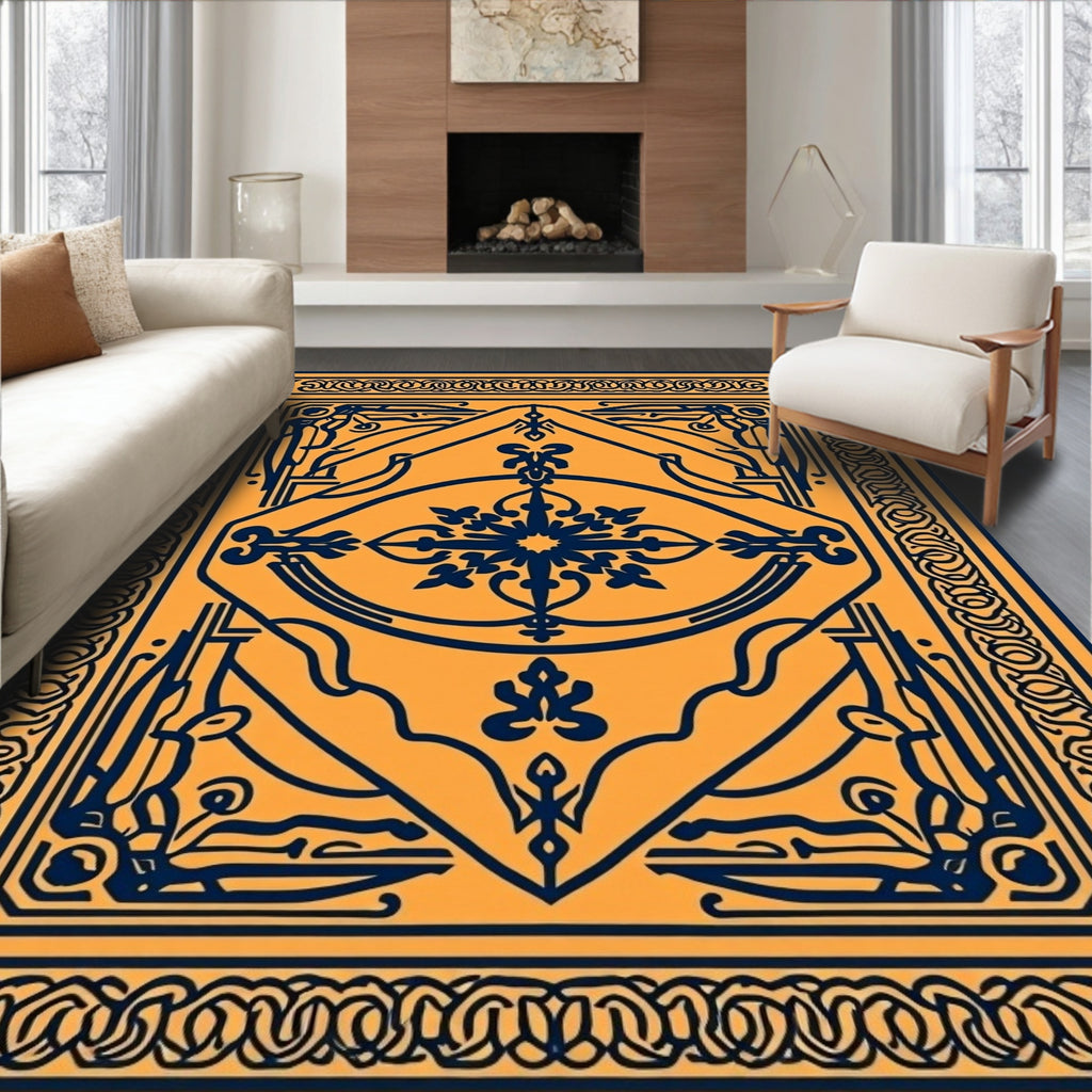 Ornate Yellow Blue Geometric Pattern Rug
