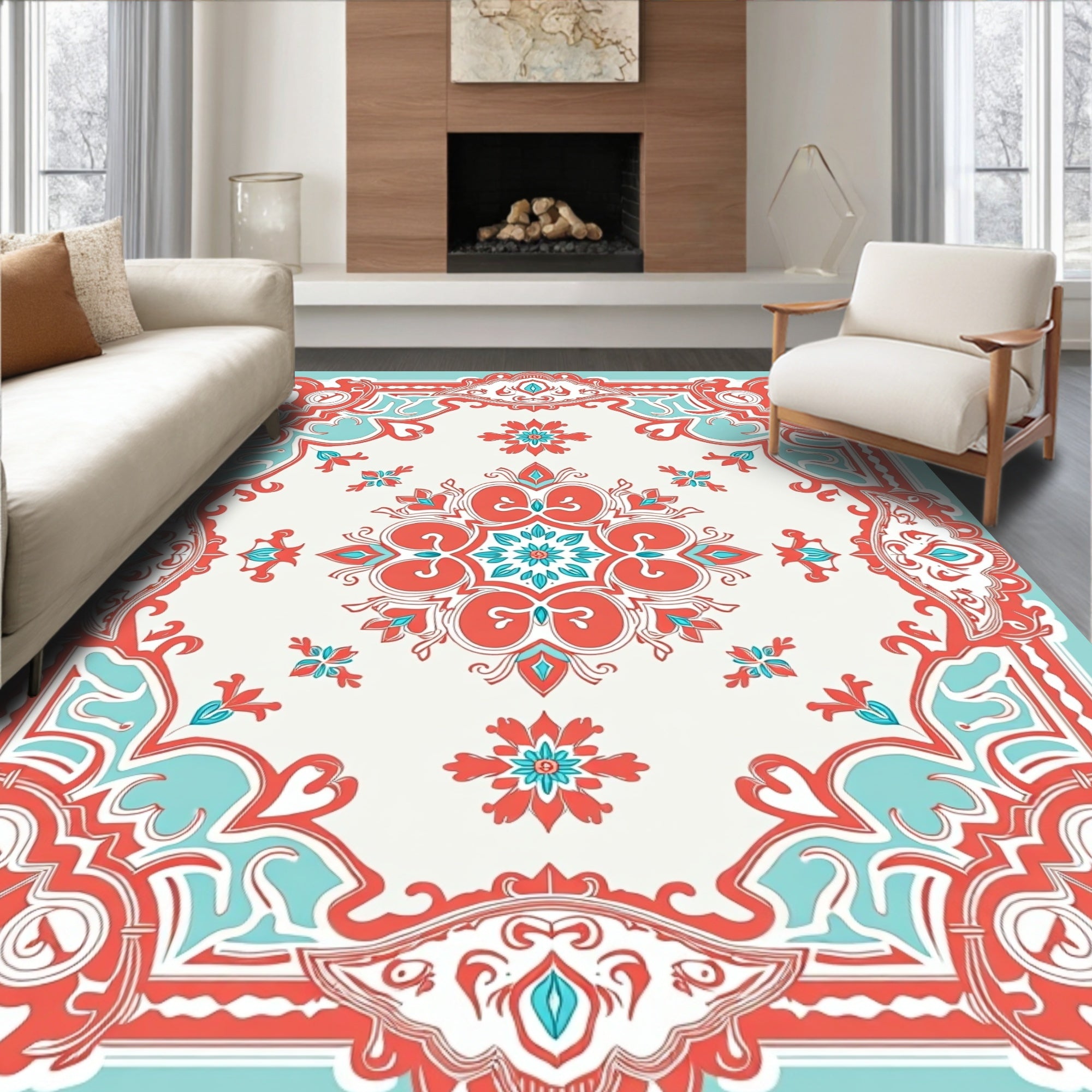 Coral Aqua Medallion Patterned Rug