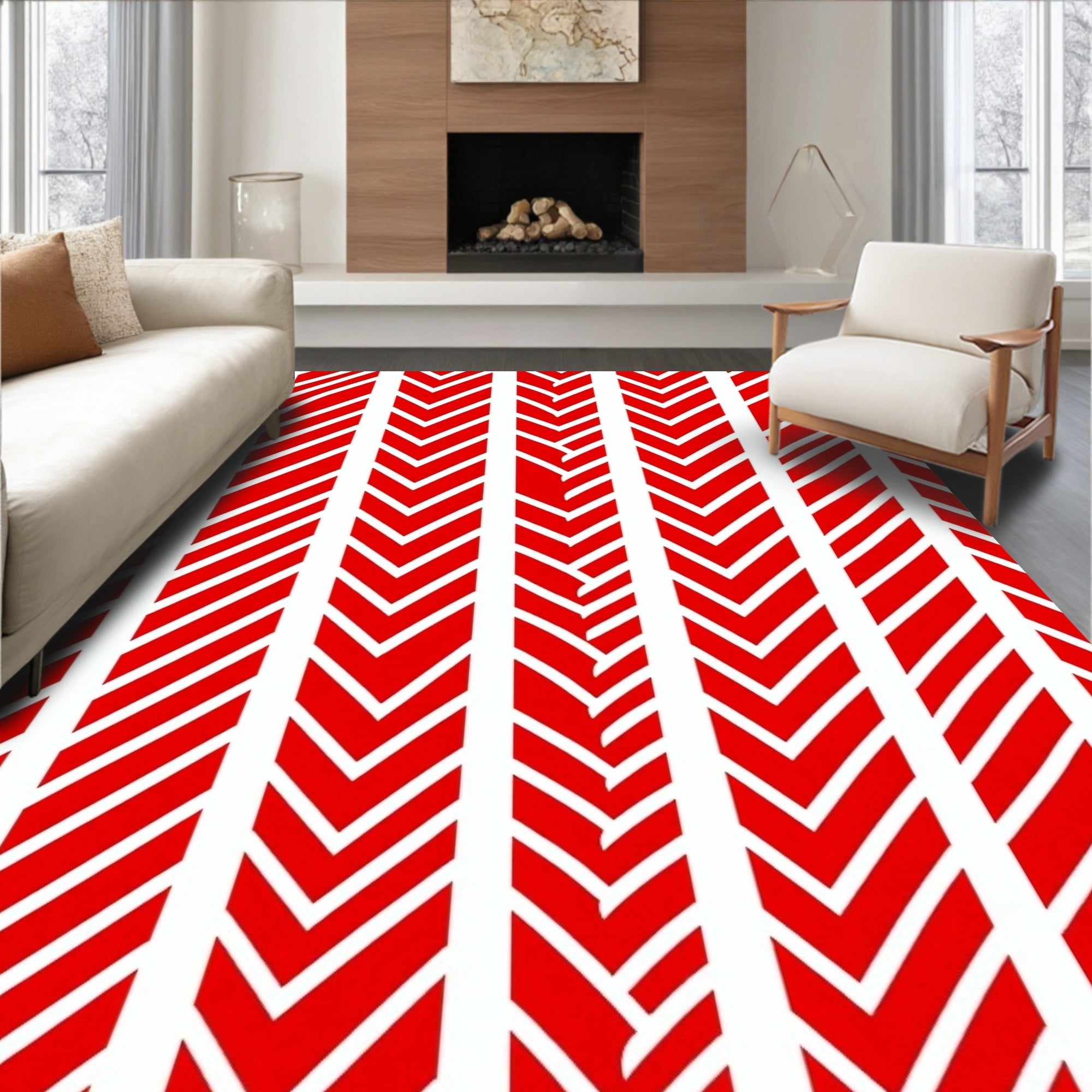 Red White Chevron Stripe Pattern Rug