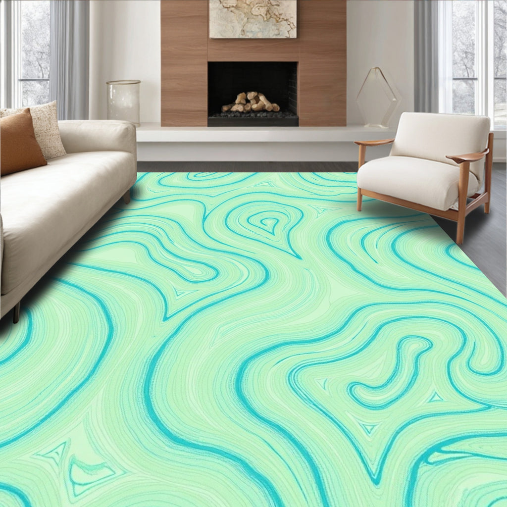 Teal Swirling Fluid Waves Rug
