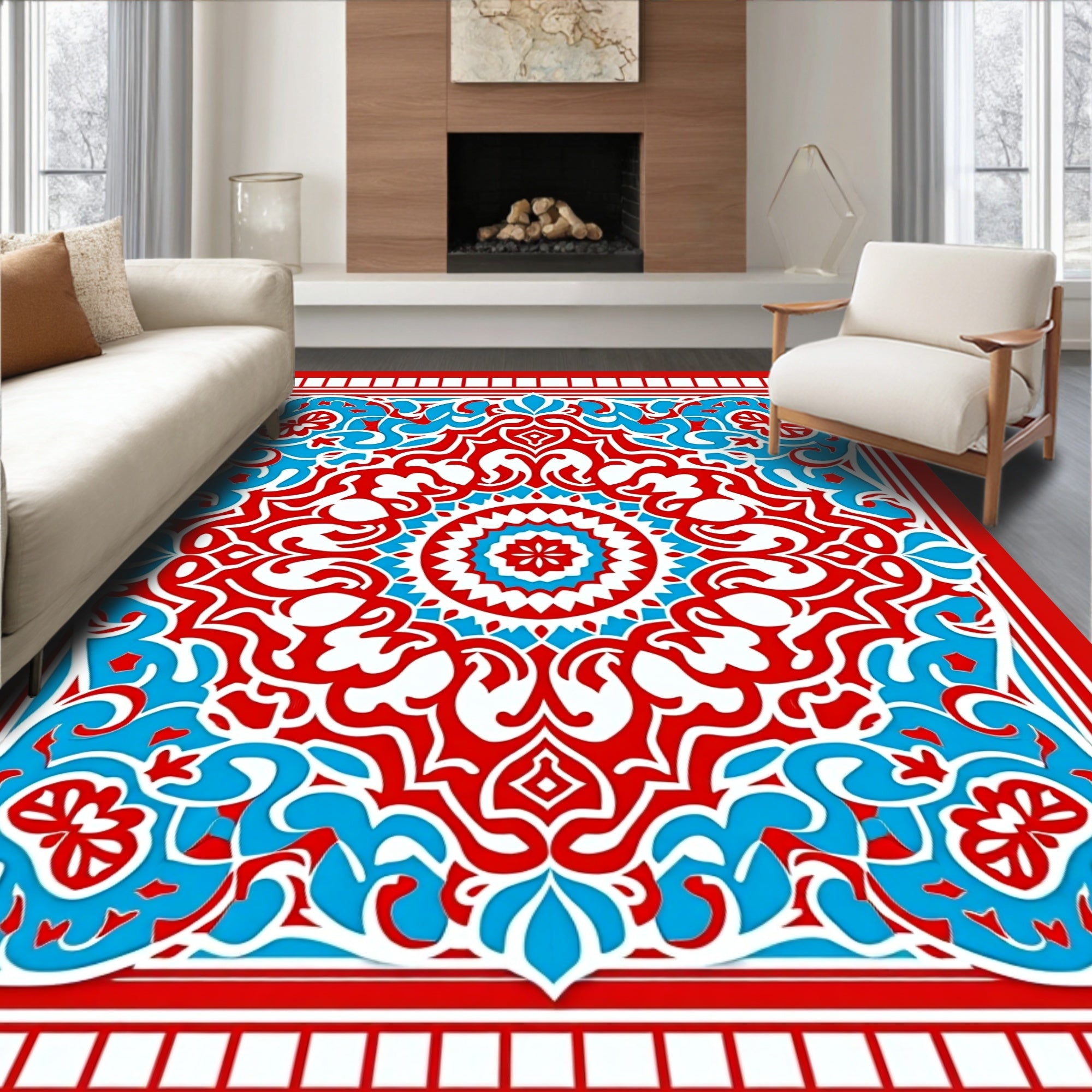 Red Blue White Intricate Mandala Design Rug