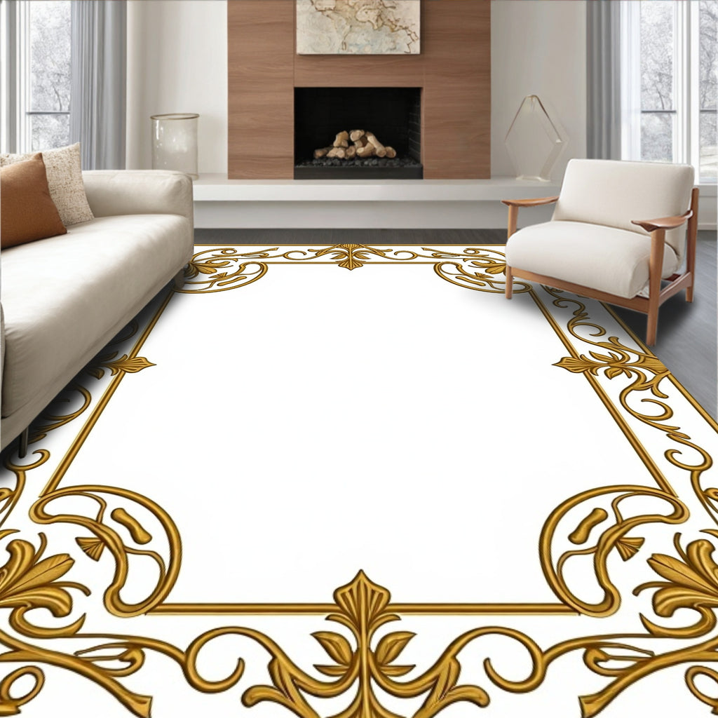 Ornate Gold Leaf Scroll Pattern Rug