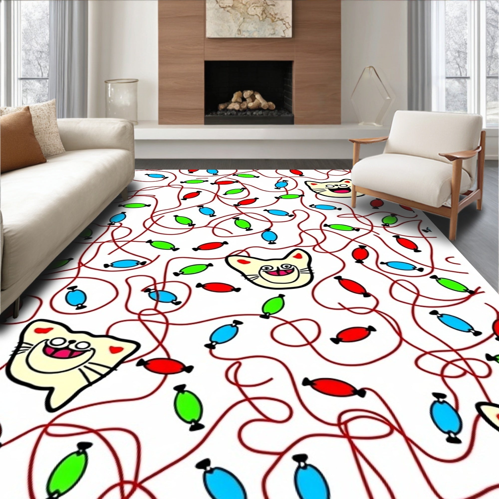 Whimsical Cat Heads And Candy Pattern Rug