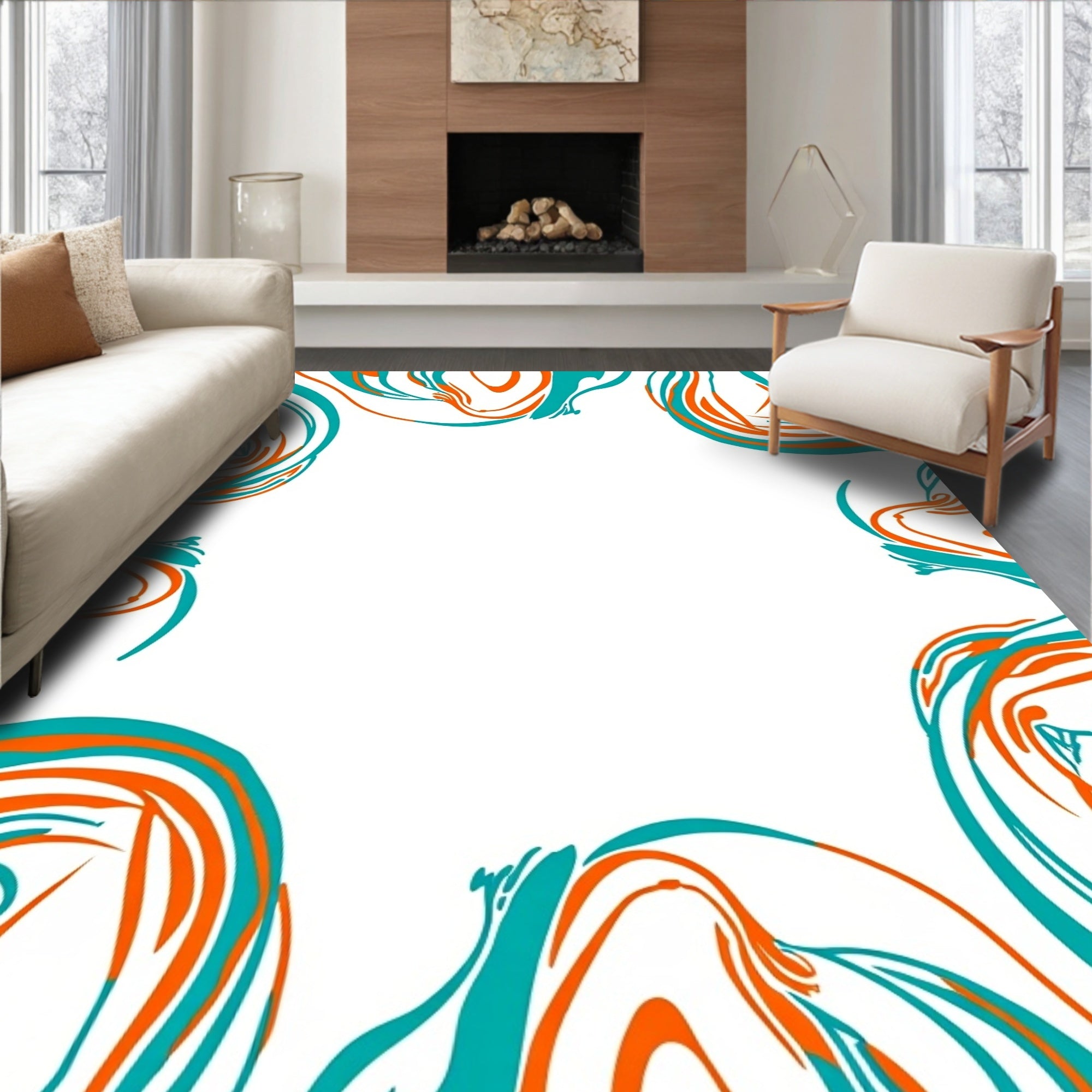 Abstract Swirls Aqua Orange Design Rug