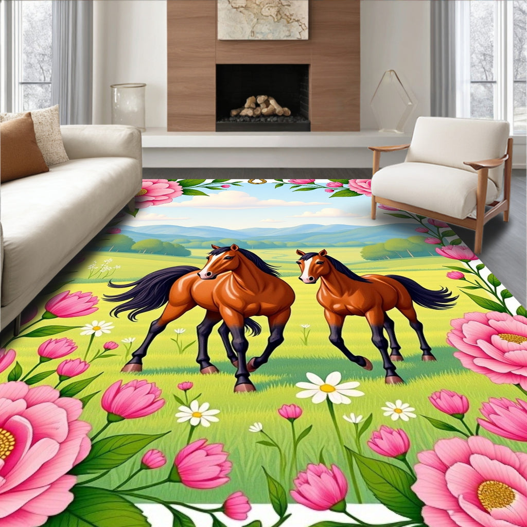 Majestic Horses Pink Floral Meadow Rug