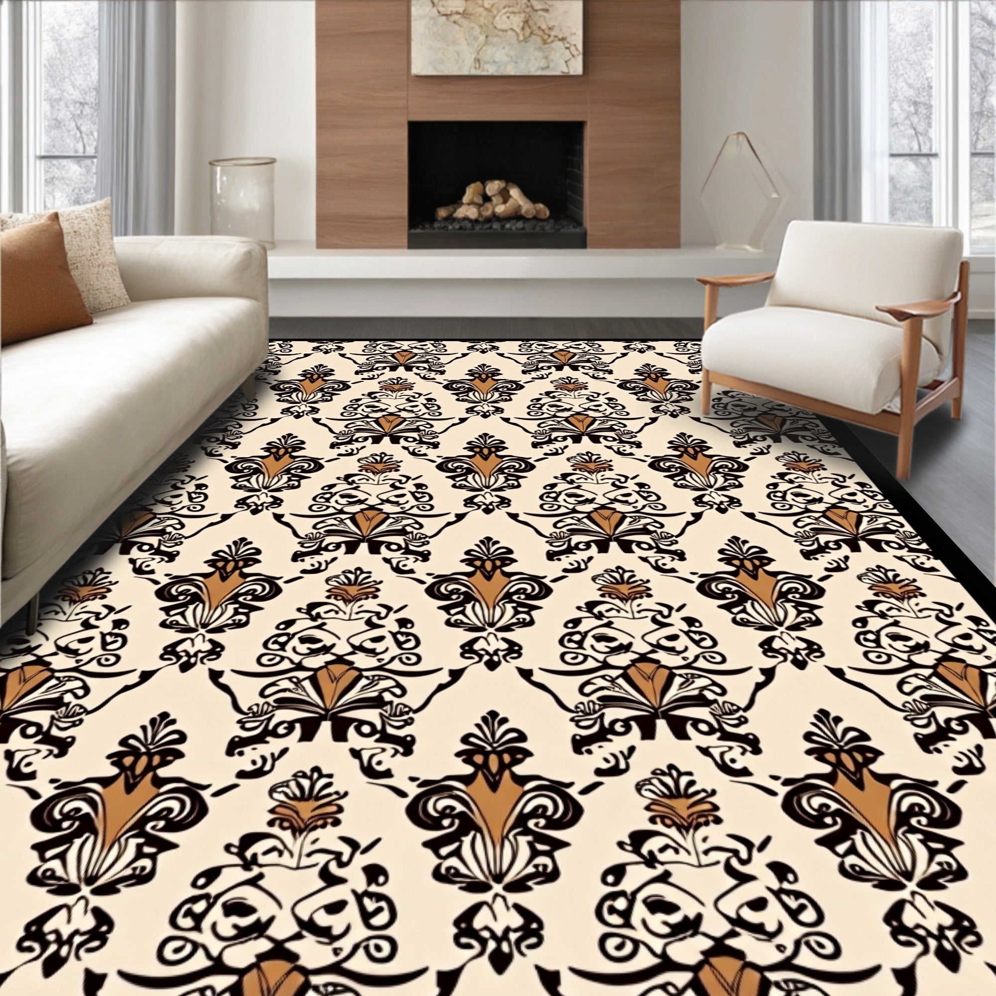 Classic Black Brown Damask Pattern Rug