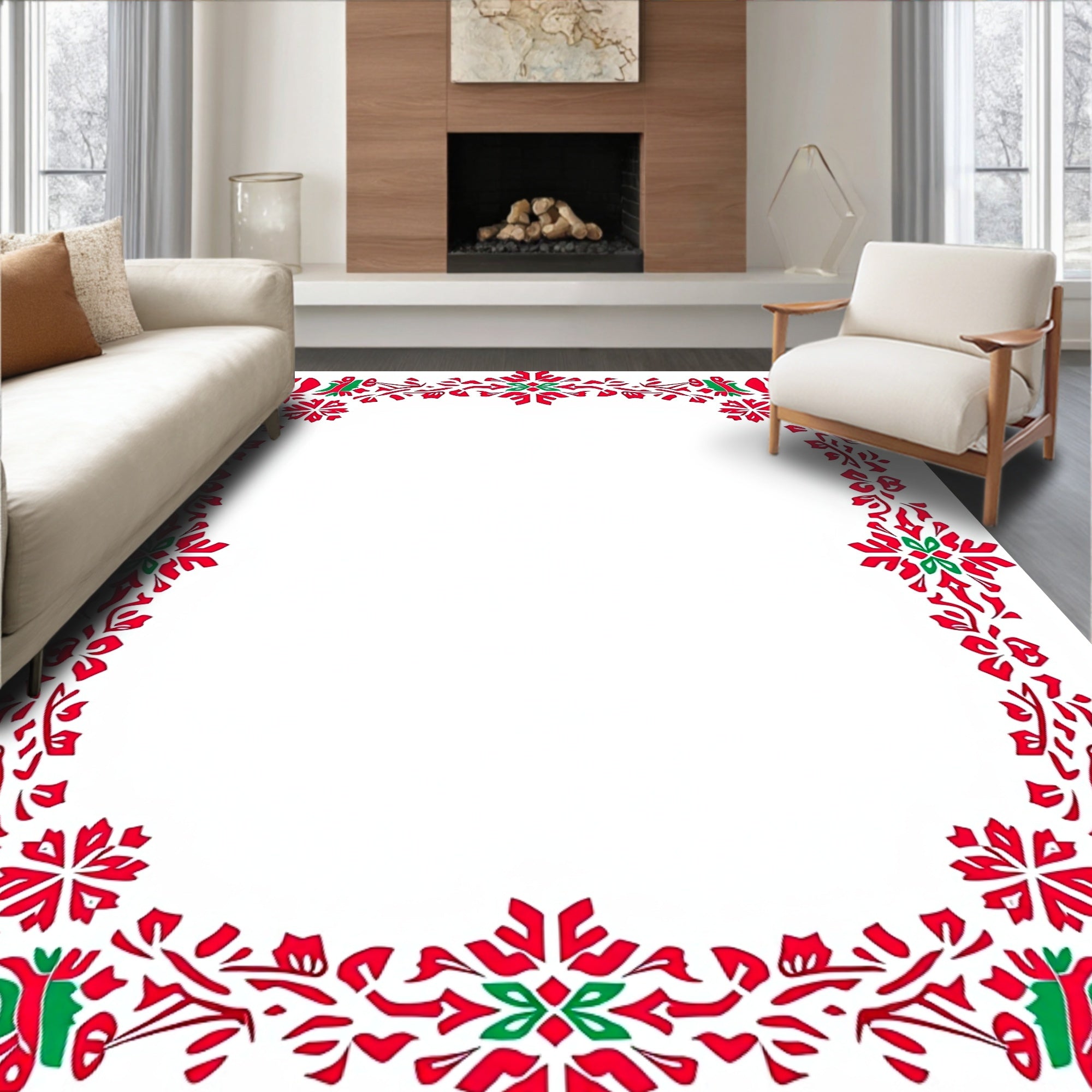 Red Green Floral Border Design Rug