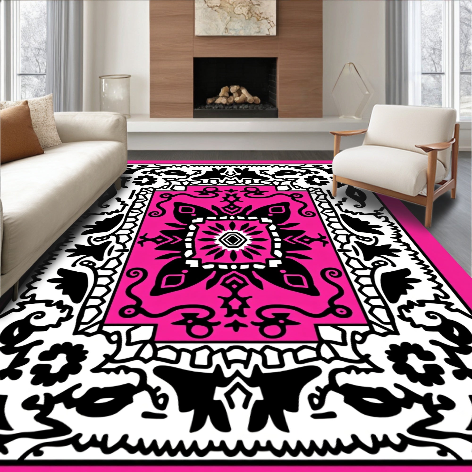 Bold Black Floral Pattern Rug